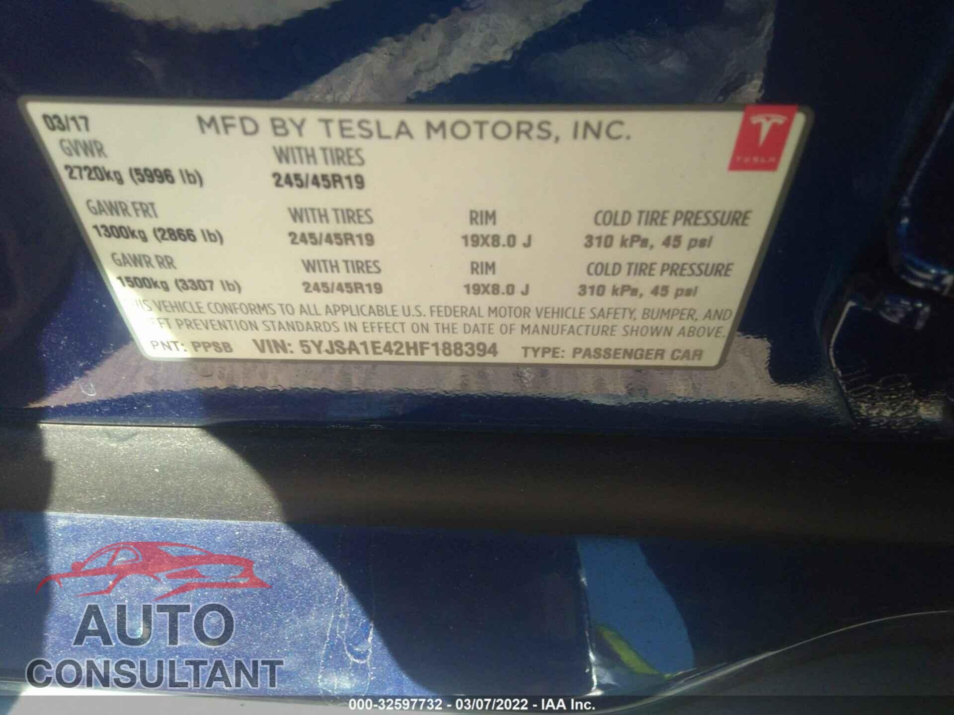 TESLA MODEL S 2017 - 5YJSA1E42HF188394