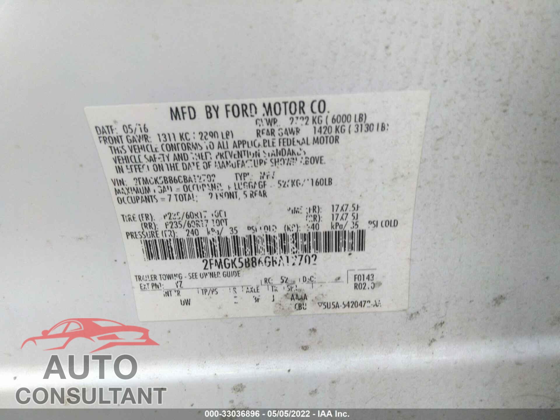 FORD FLEX 2016 - 2FMGK5B86GBA12702