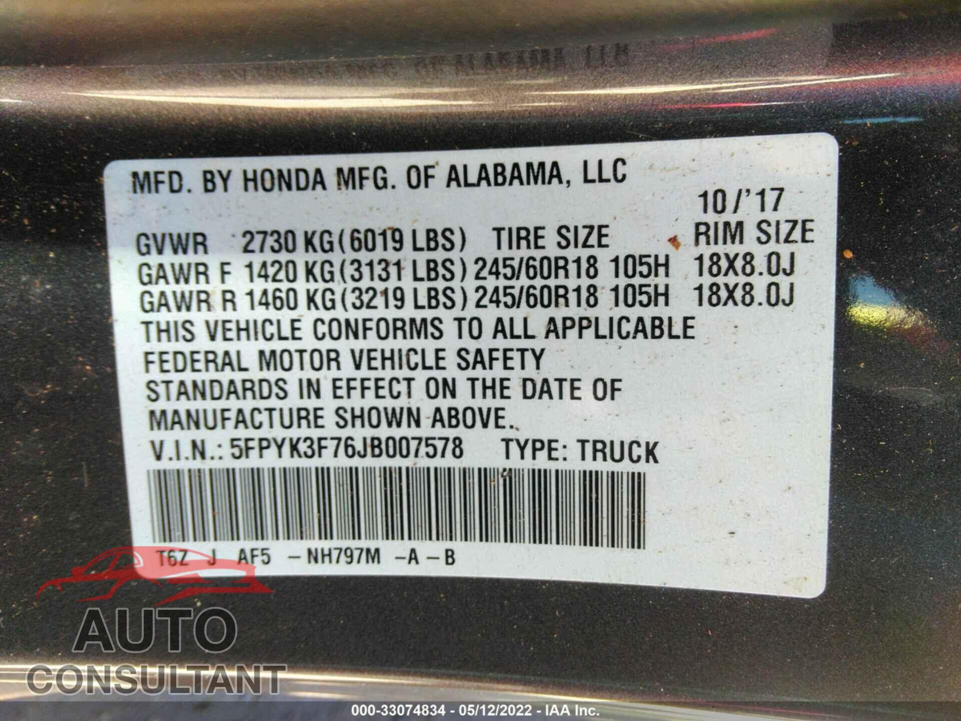 HONDA RIDGELINE 2018 - 5FPYK3F76JB007578