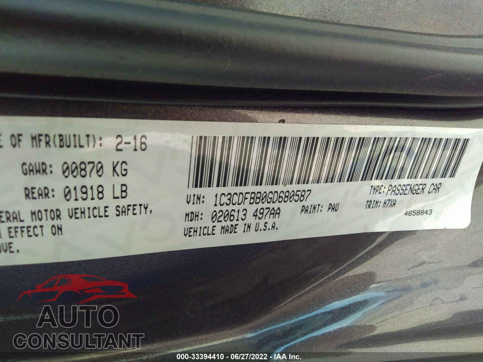 DODGE DART 2016 - 1C3CDFBB0GD680587