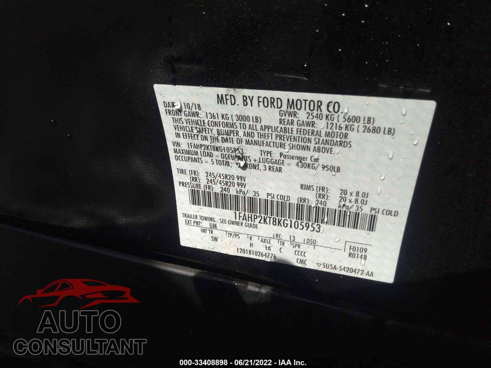 FORD TAURUS 2019 - 1FAHP2KT8KG105953
