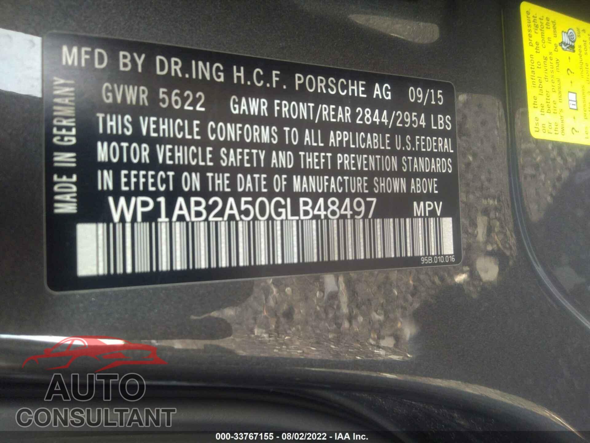 PORSCHE MACAN 2016 - WP1AB2A50GLB48497