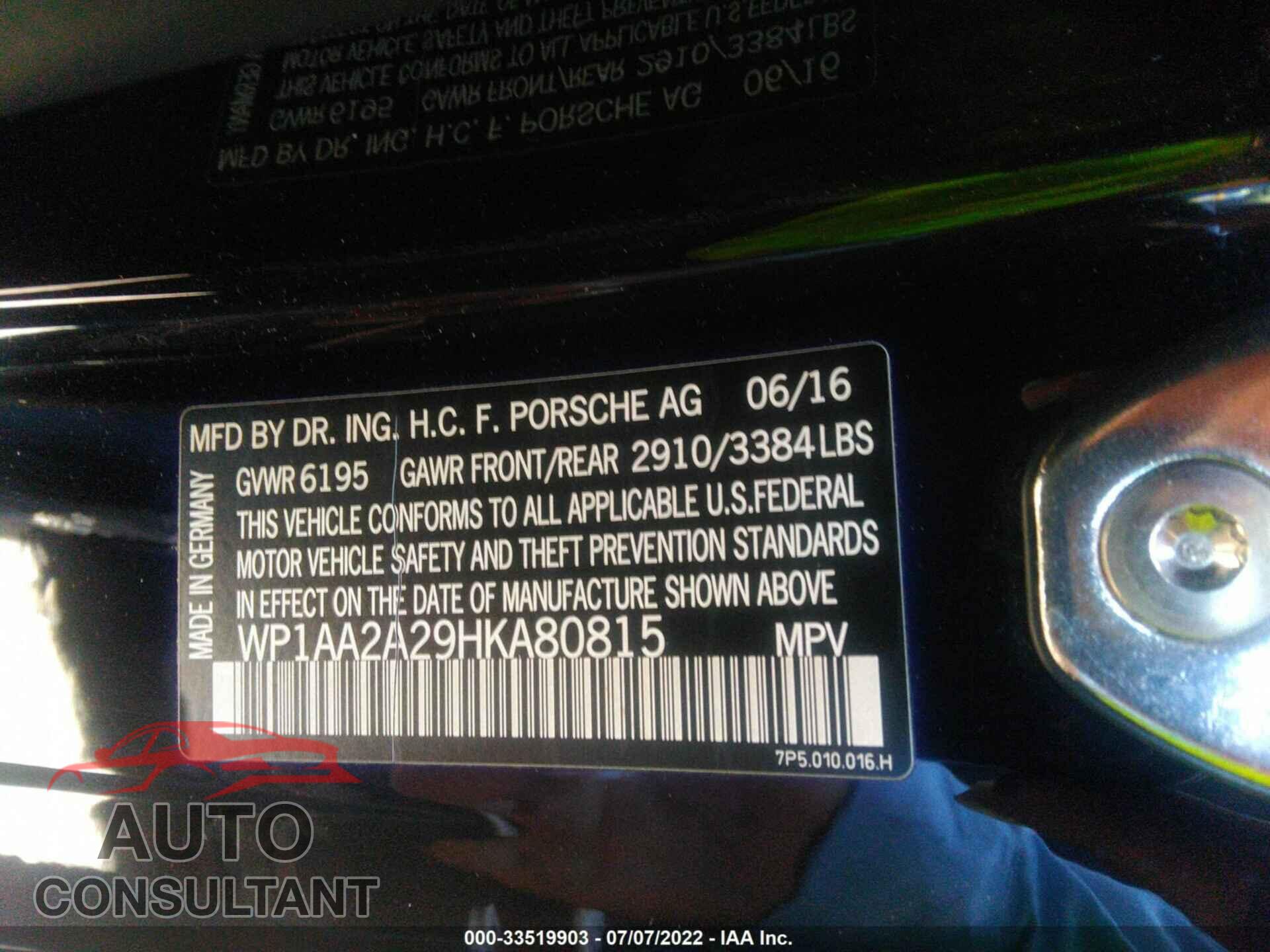 PORSCHE CAYENNE 2017 - WP1AA2A29HKA80815