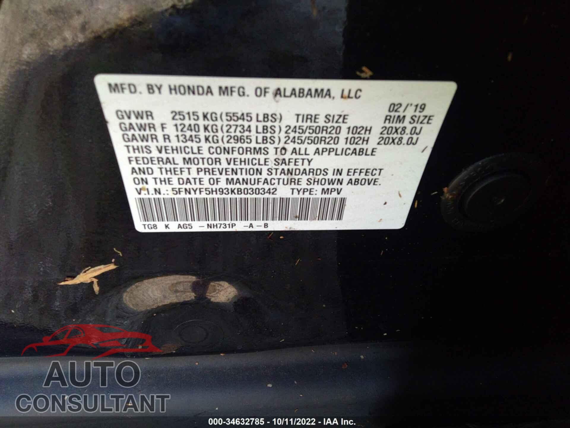 HONDA PILOT 2019 - 5FNYF5H93KB030342