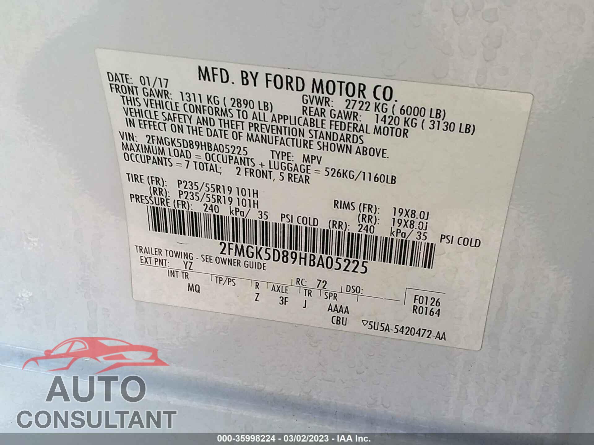 FORD FLEX 2017 - 2FMGK5D89HBA05225