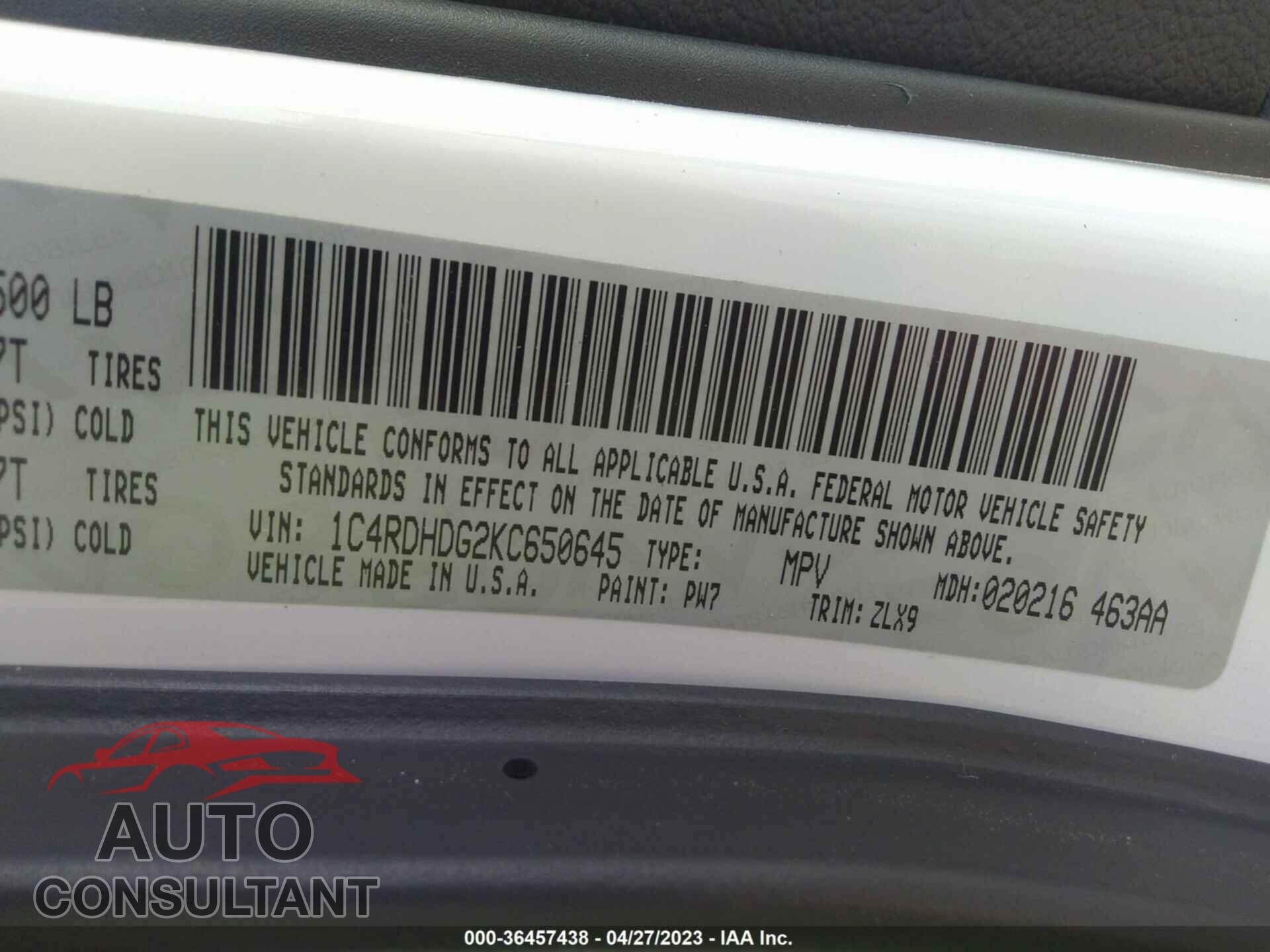 DODGE DURANGO 2019 - 1C4RDHDG2KC650645