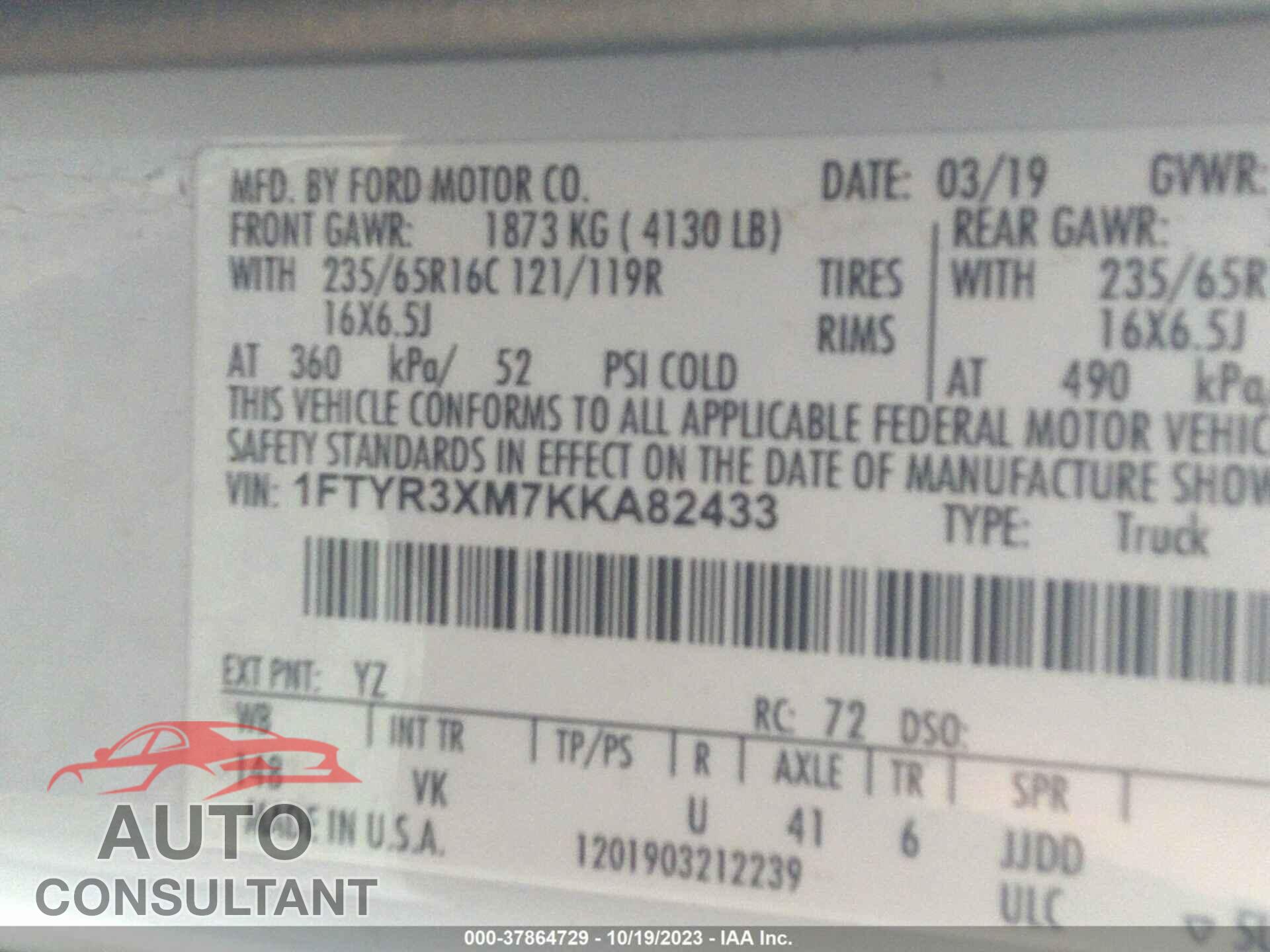 FORD TRANSIT-250 2019 - 1FTYR3XM7KKA82433