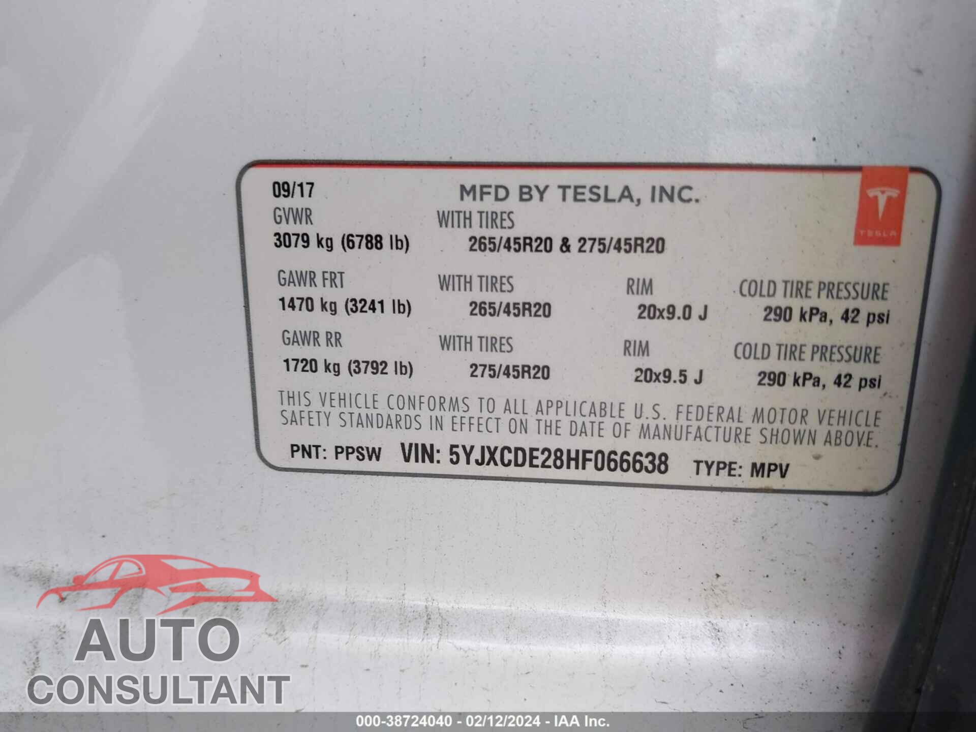 TESLA MODEL X 2017 - 5YJXCDE28HF066638