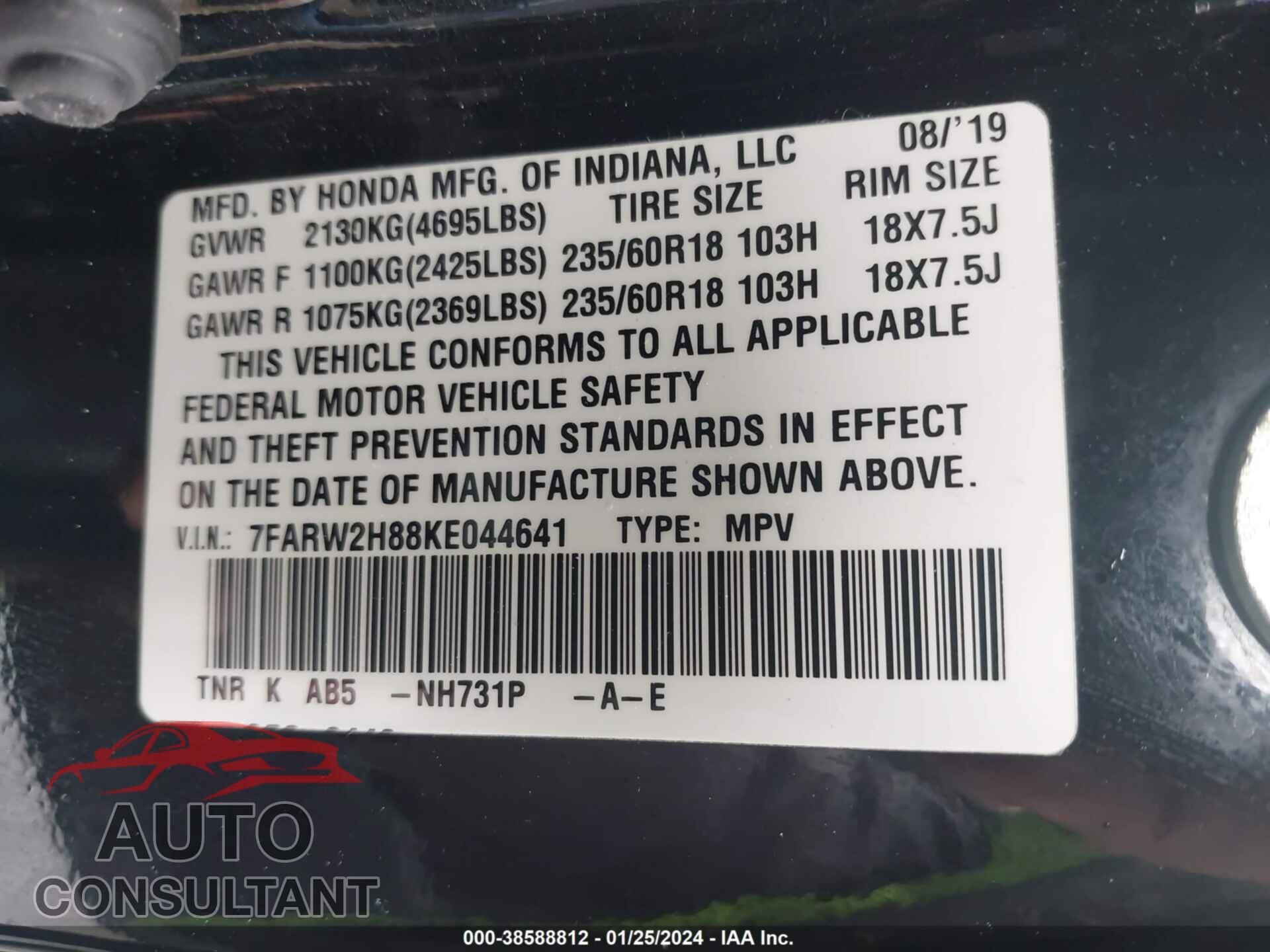 HONDA CR-V 2019 - 7FARW2H88KE044641