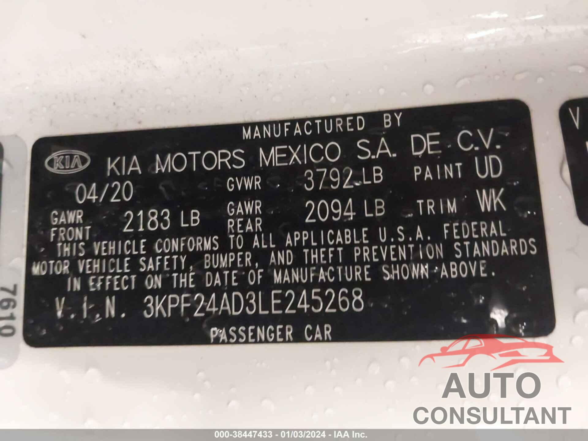 KIA FORTE 2020 - 3KPF24AD3LE245268