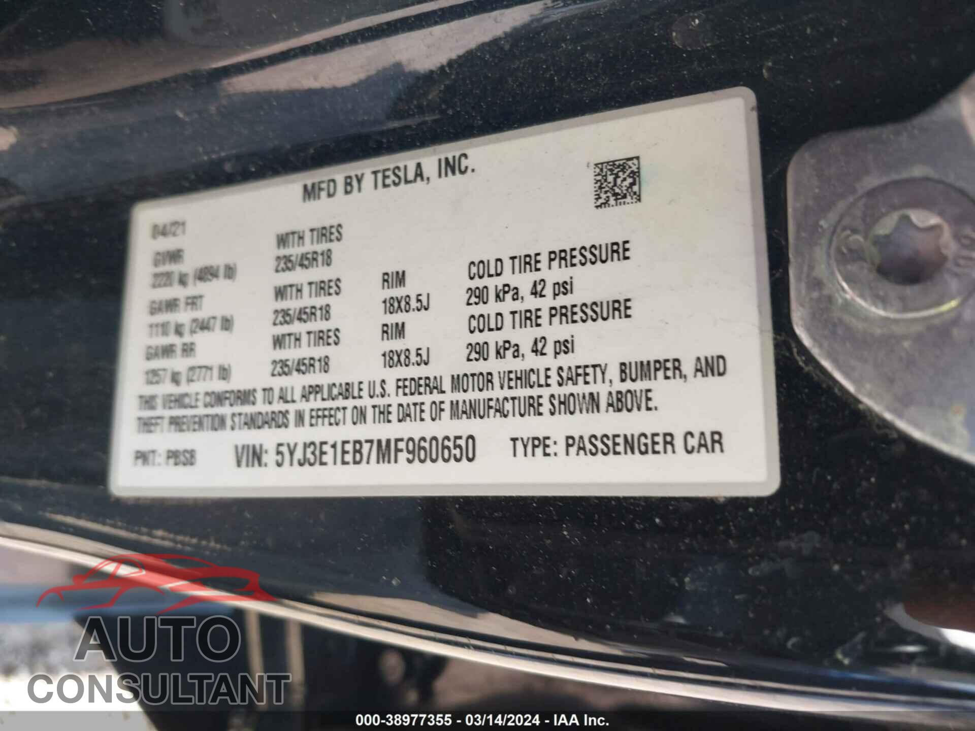 TESLA MODEL 3 2021 - 5YJ3E1EB7MF960650