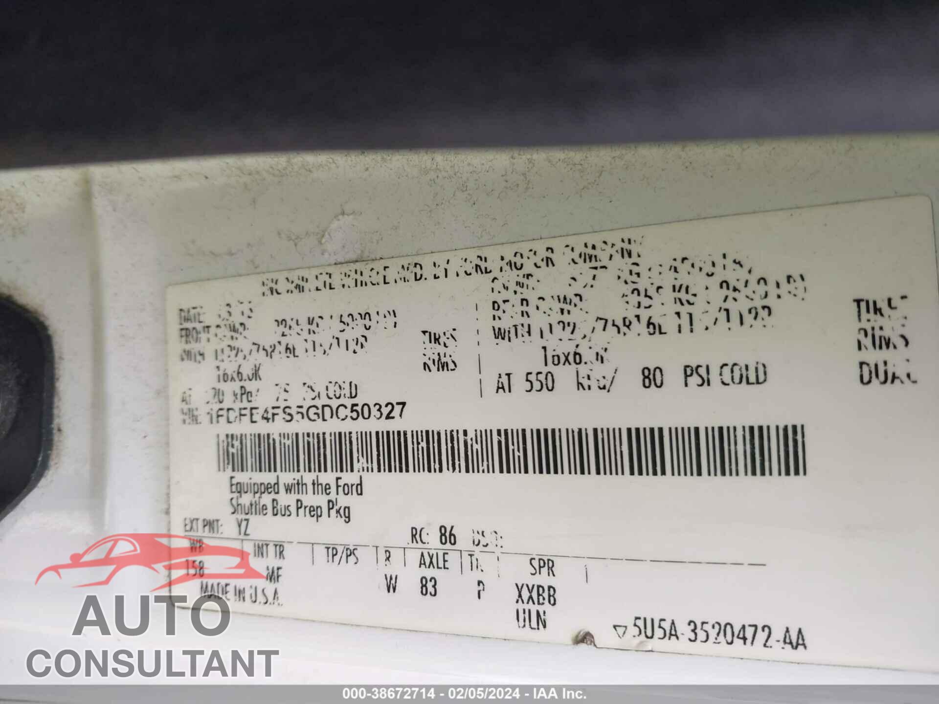 FORD E-450 CUTAWAY 2016 - 1FDFE4FS5GDC50327