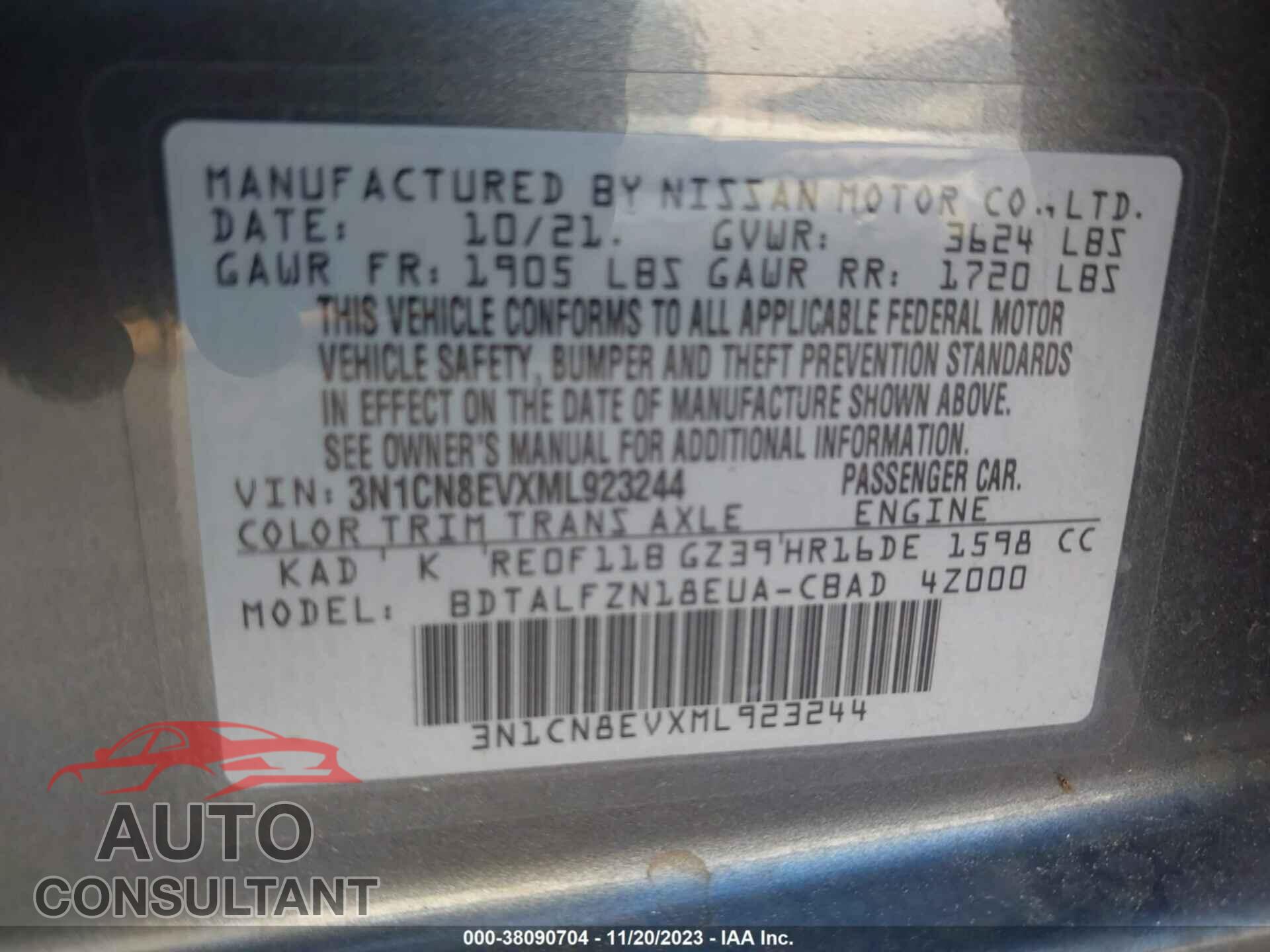 NISSAN VERSA 2021 - 3N1CN8EVXML923244