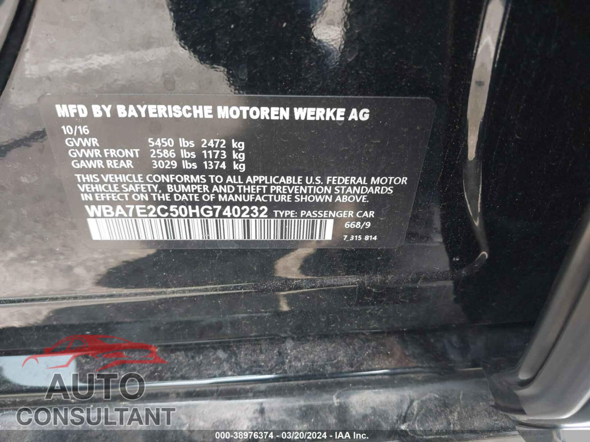 BMW 740I 2017 - WBA7E2C50HG740232