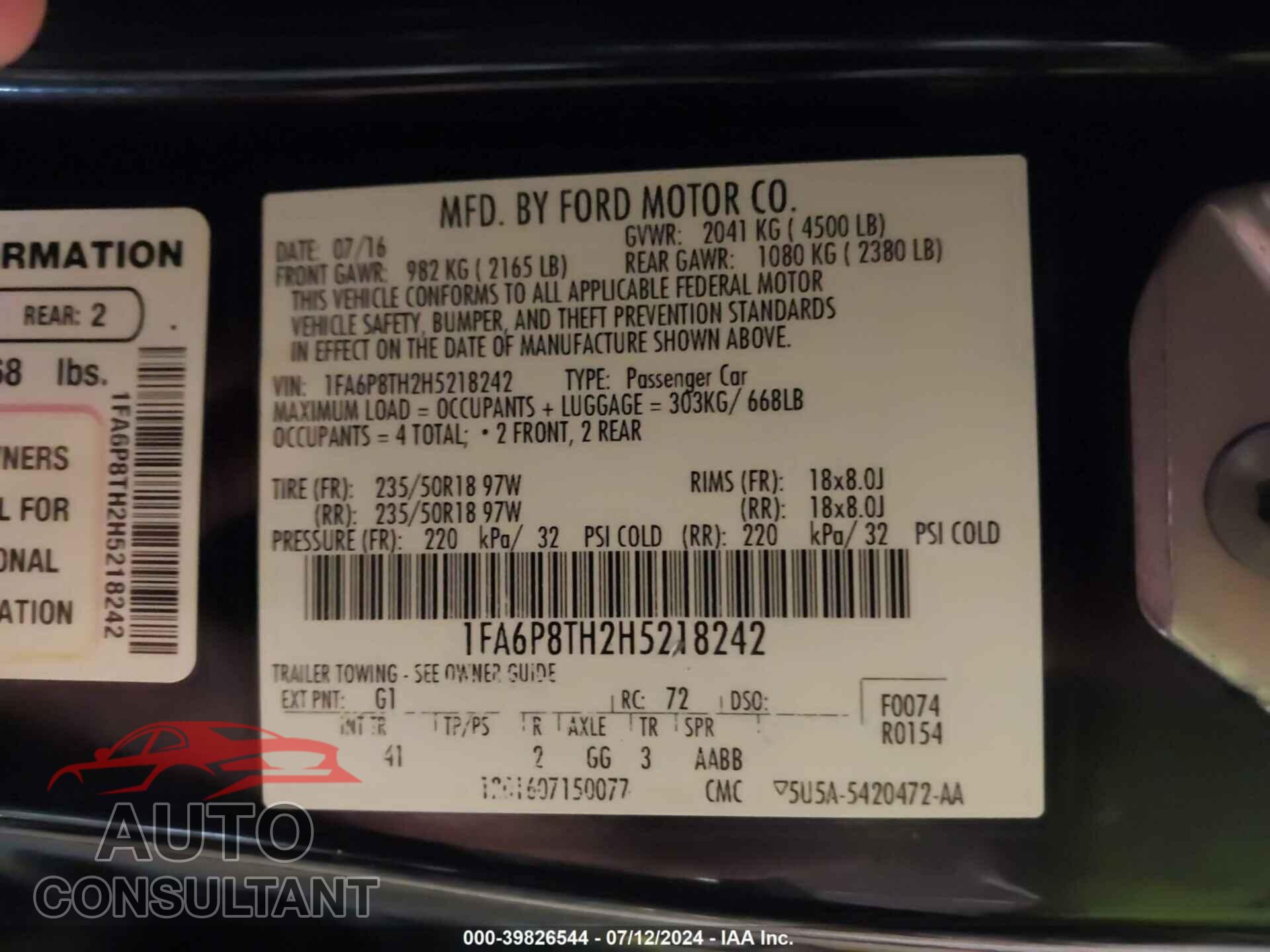 FORD MUSTANG 2017 - 1FA6P8TH2H5218242