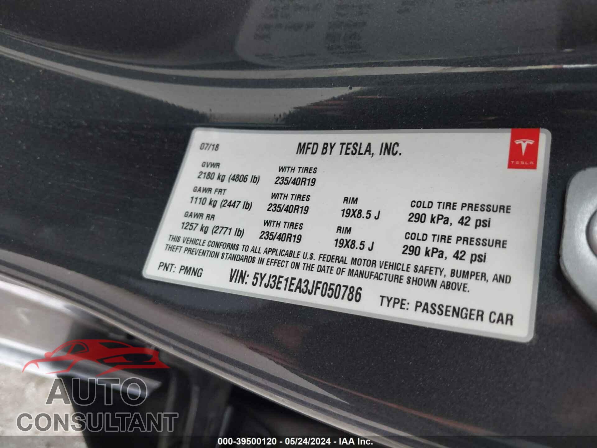 TESLA MODEL 3 2018 - 5YJ3E1EA3JF050786