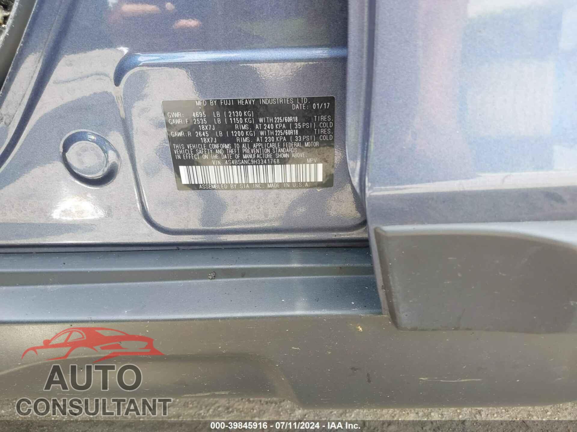 SUBARU OUTBACK 2017 - 4S4BSANC9H3341768