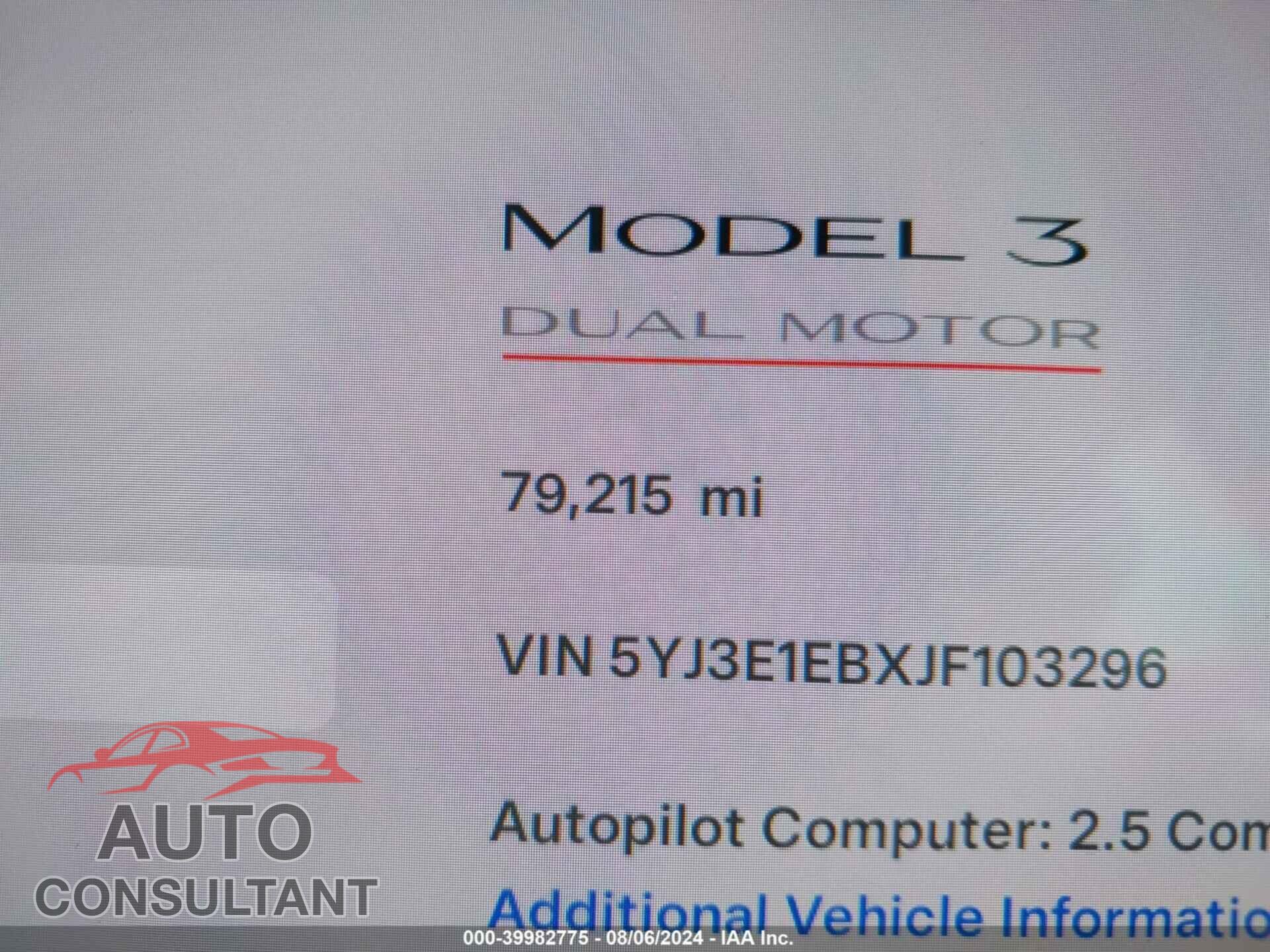 TESLA MODEL 3 2018 - 5YJ3E1EBXJF103296