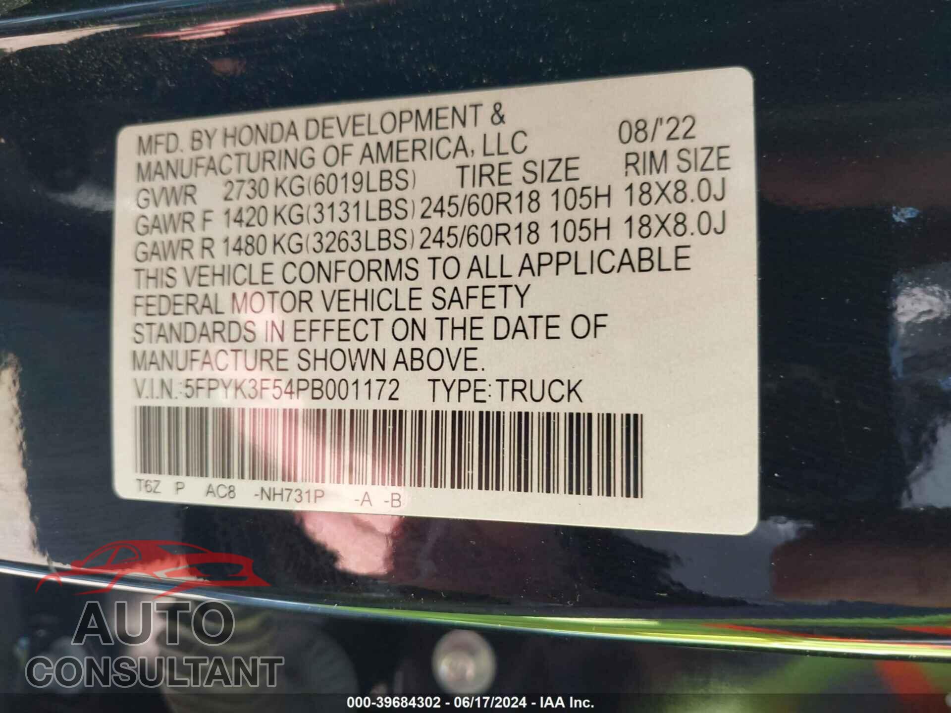 HONDA RIDGELINE 2023 - 5FPYK3F54PB001172