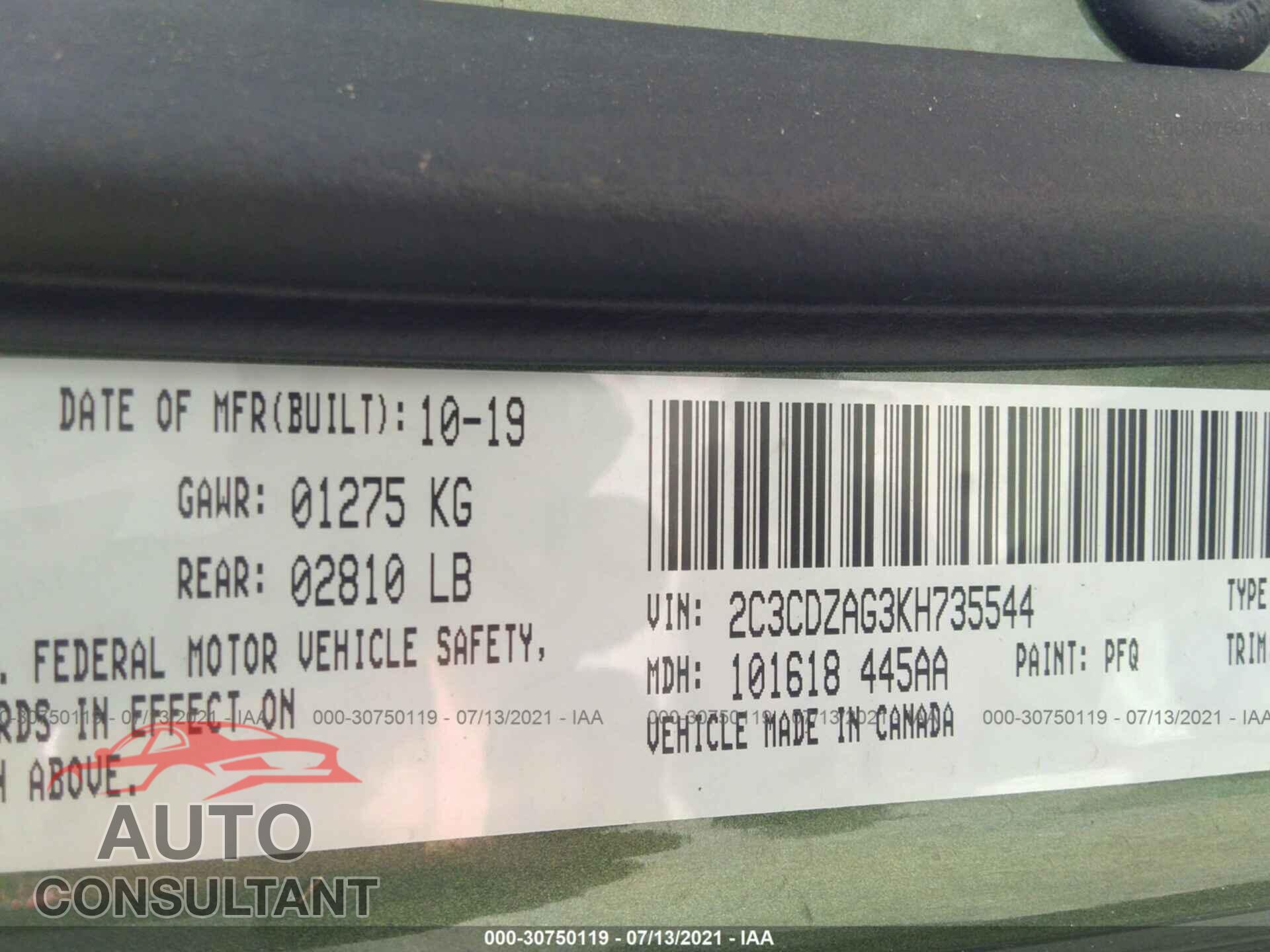 DODGE CHALLENGER 2019 - 2C3CDZAG3KH735544