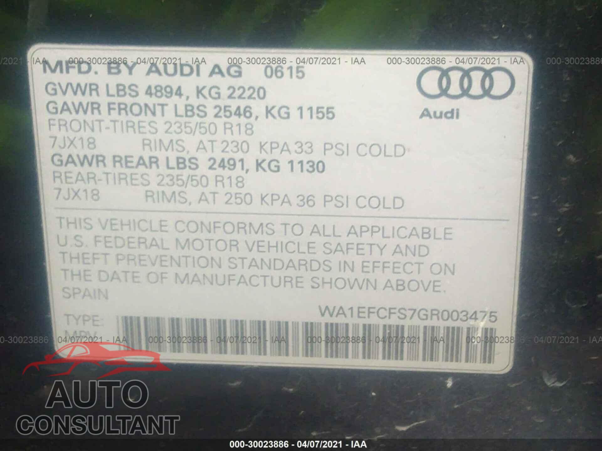 AUDI Q3 2016 - WA1EFCFS7GR003475