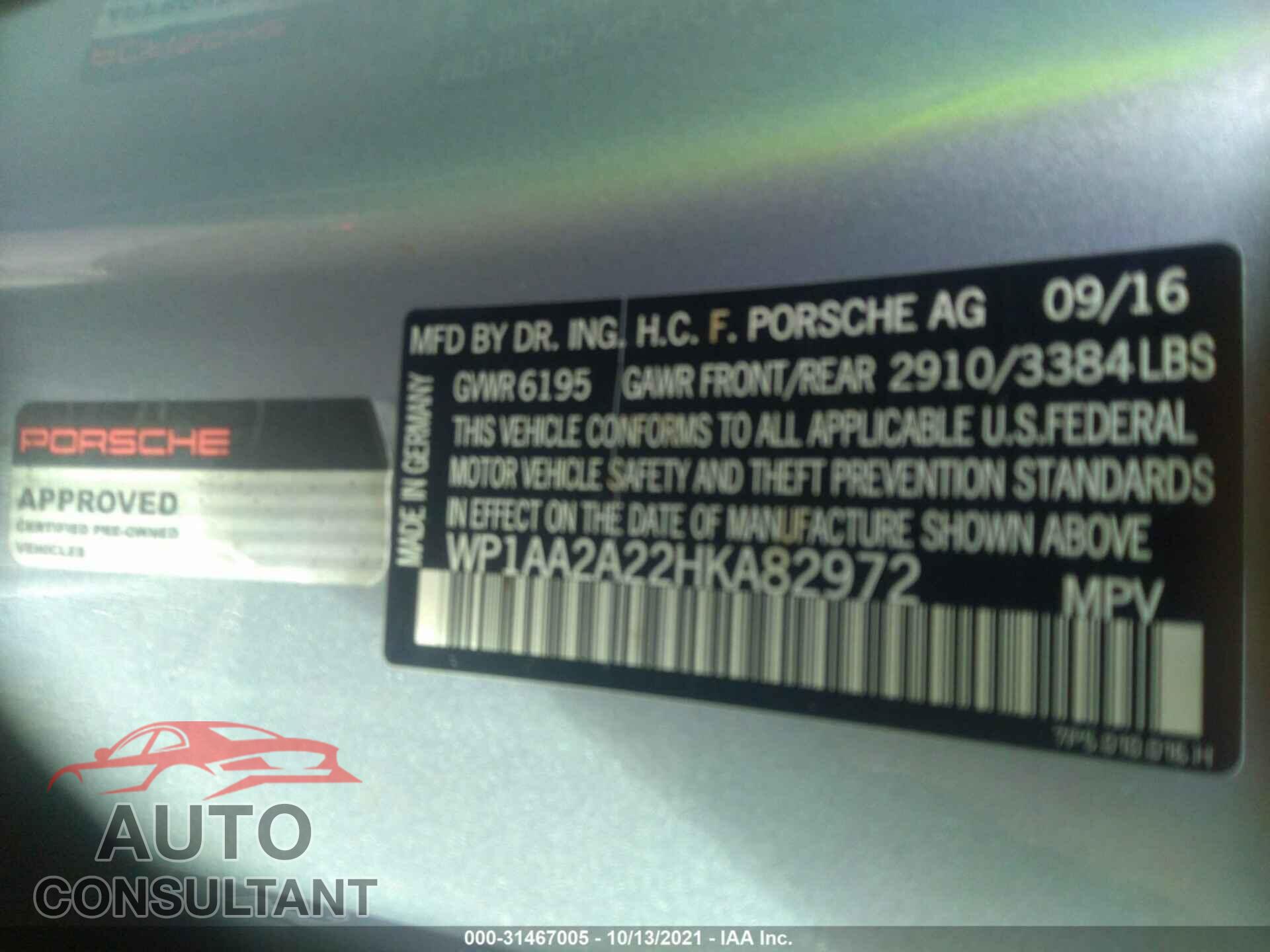 PORSCHE CAYENNE 2017 - WP1AA2A22HKA82972