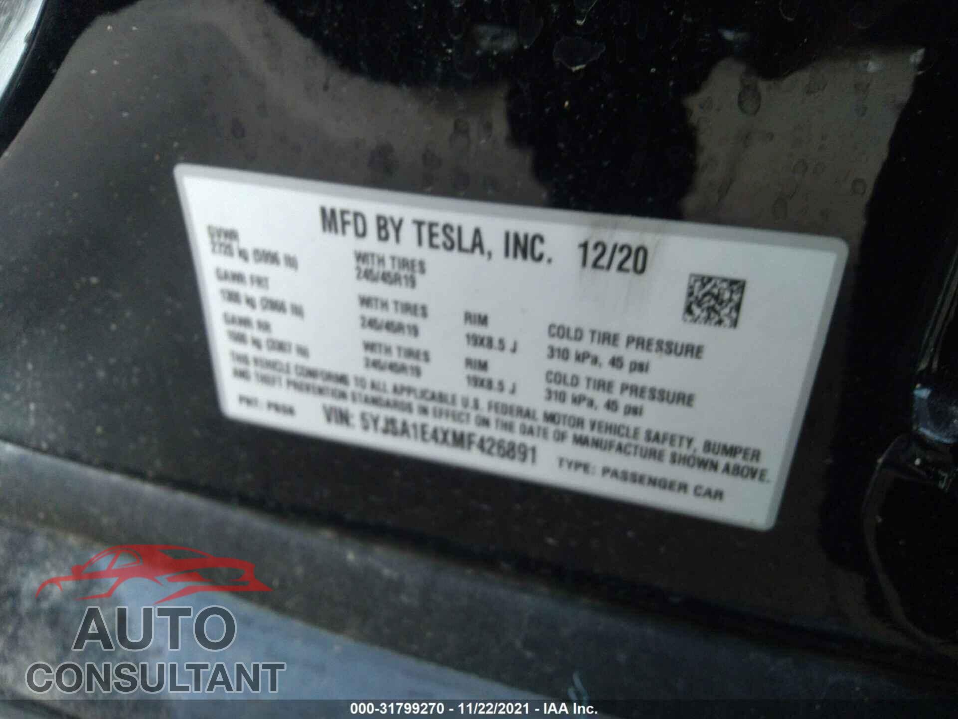TESLA MODEL S 2021 - 5YJSA1E4XMF426891