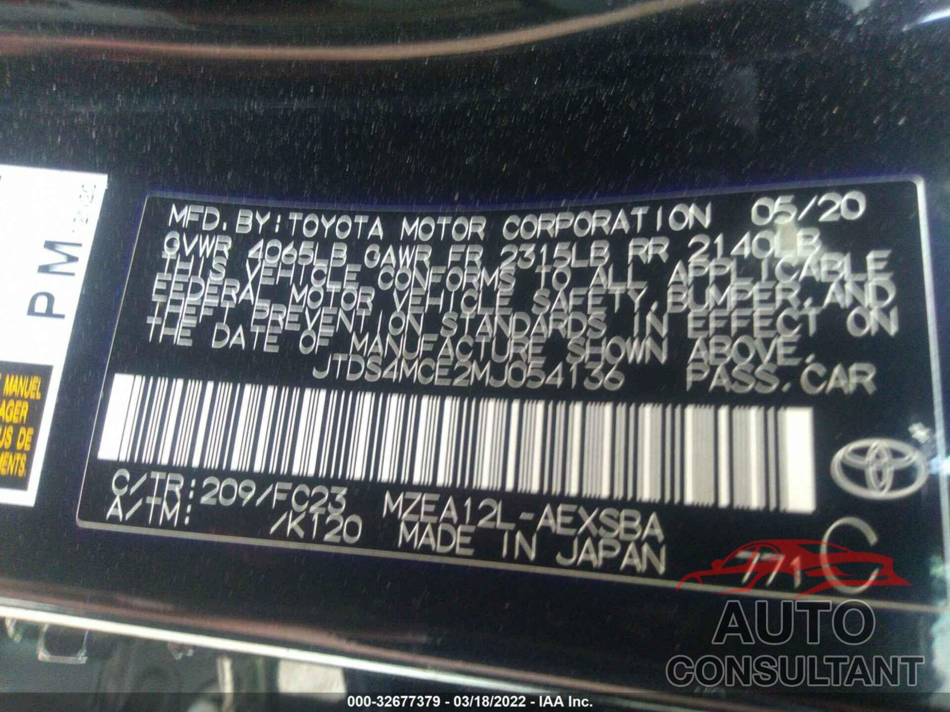 TOYOTA COROLLA 2021 - JTDS4MCE2MJ054136