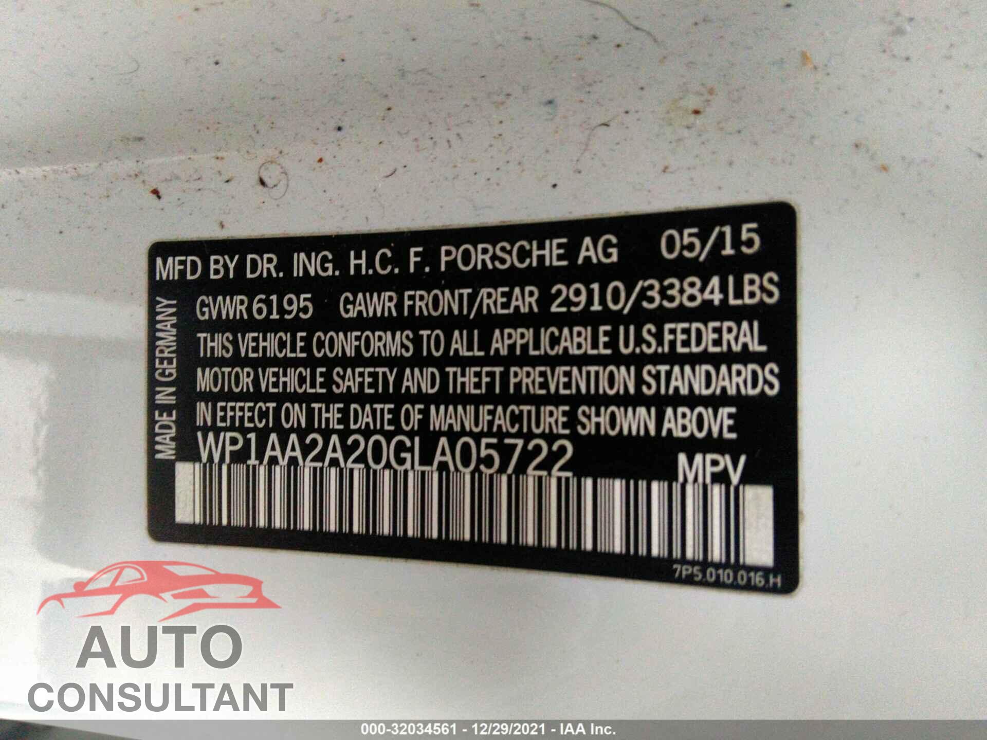 PORSCHE CAYENNE 2016 - WP1AA2A20GLA05722