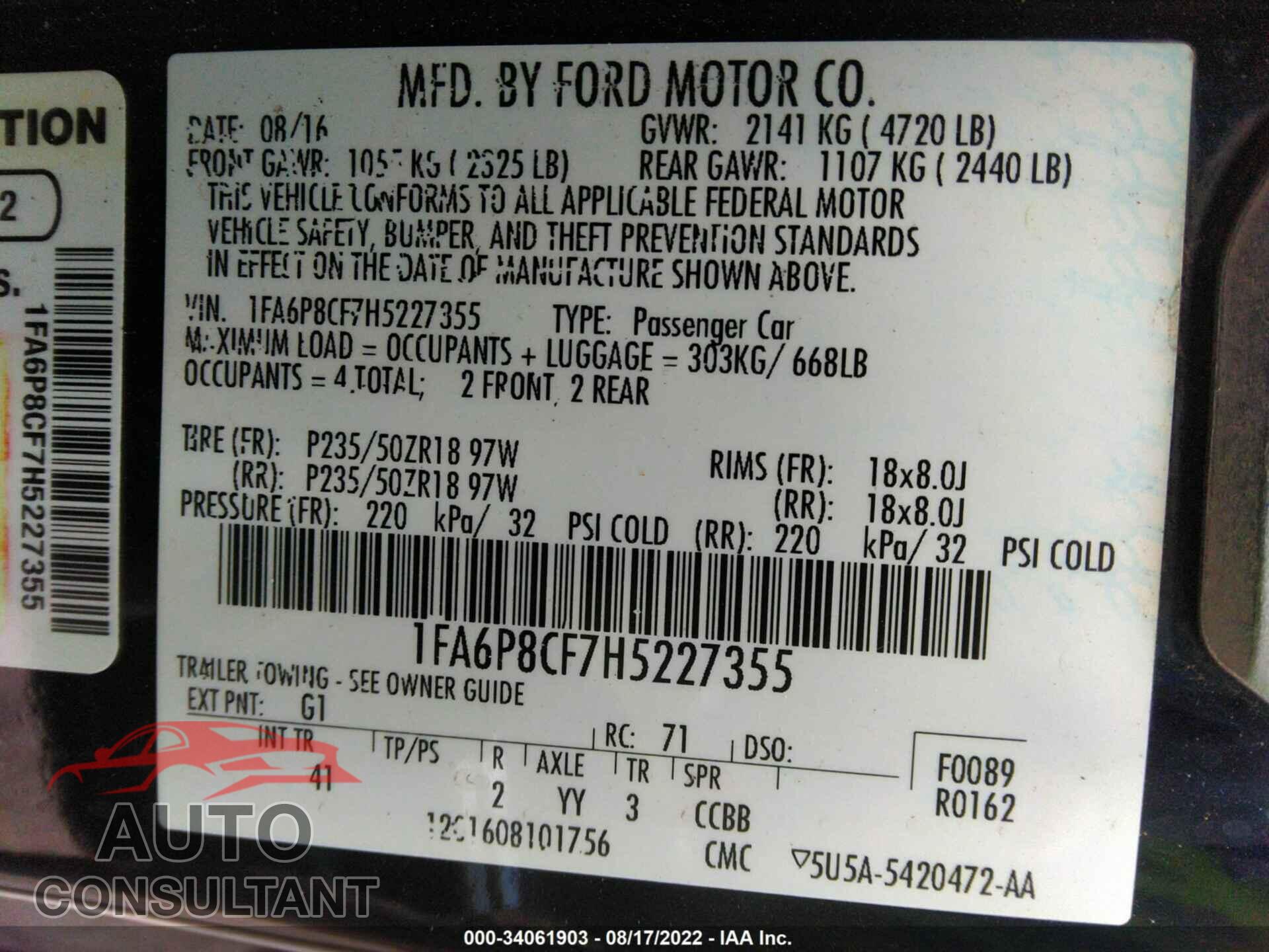 FORD MUSTANG 2017 - 1FA6P8CF7H5227355
