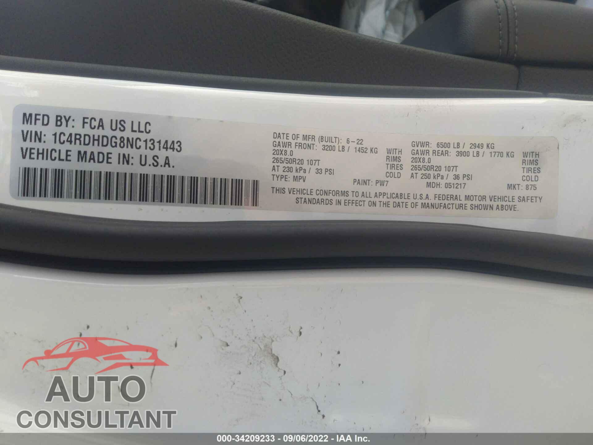 DODGE DURANGO 2022 - 1C4RDHDG8NC131443