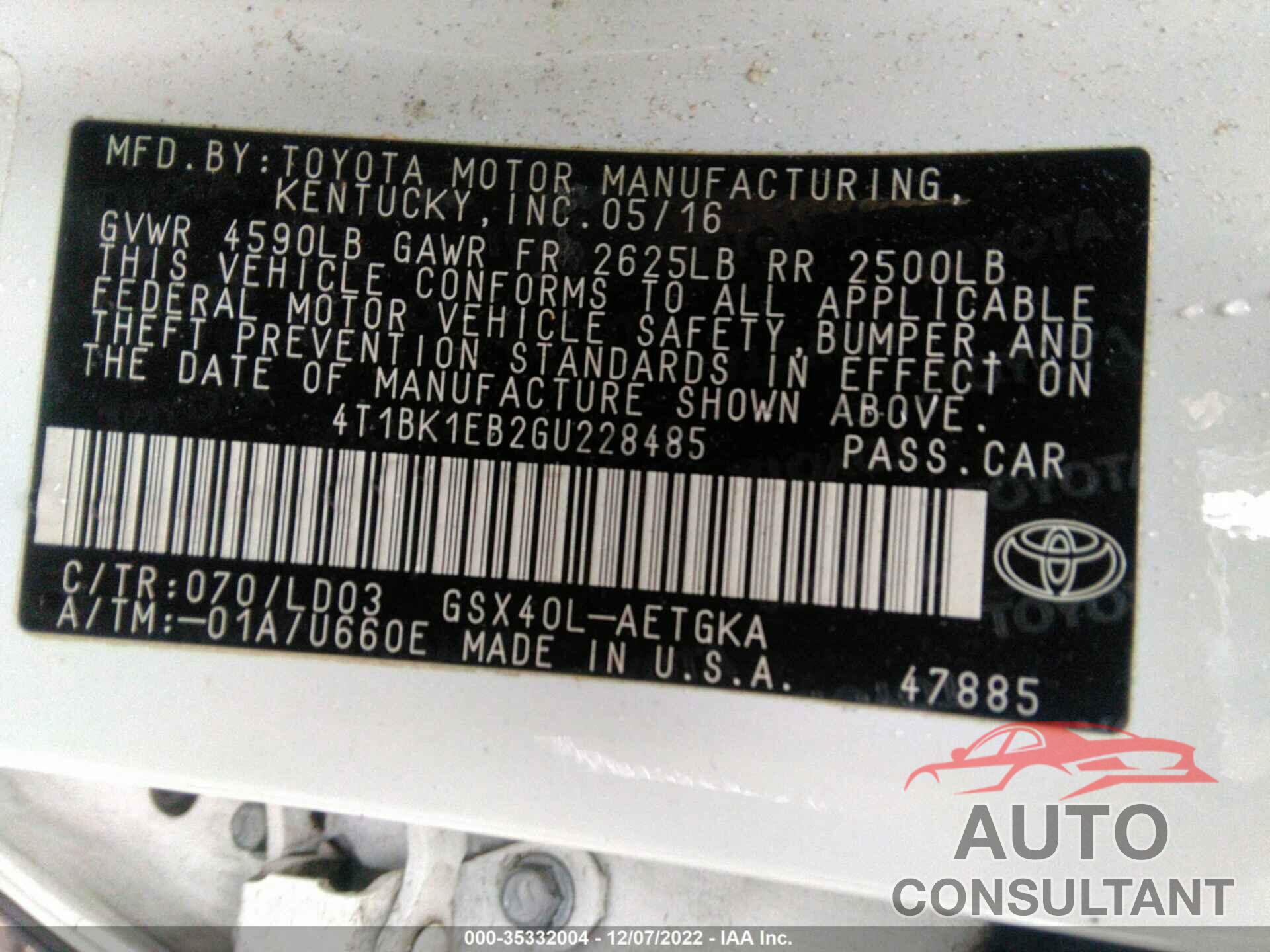 TOYOTA AVALON 2016 - 4T1BK1EB2GU228485