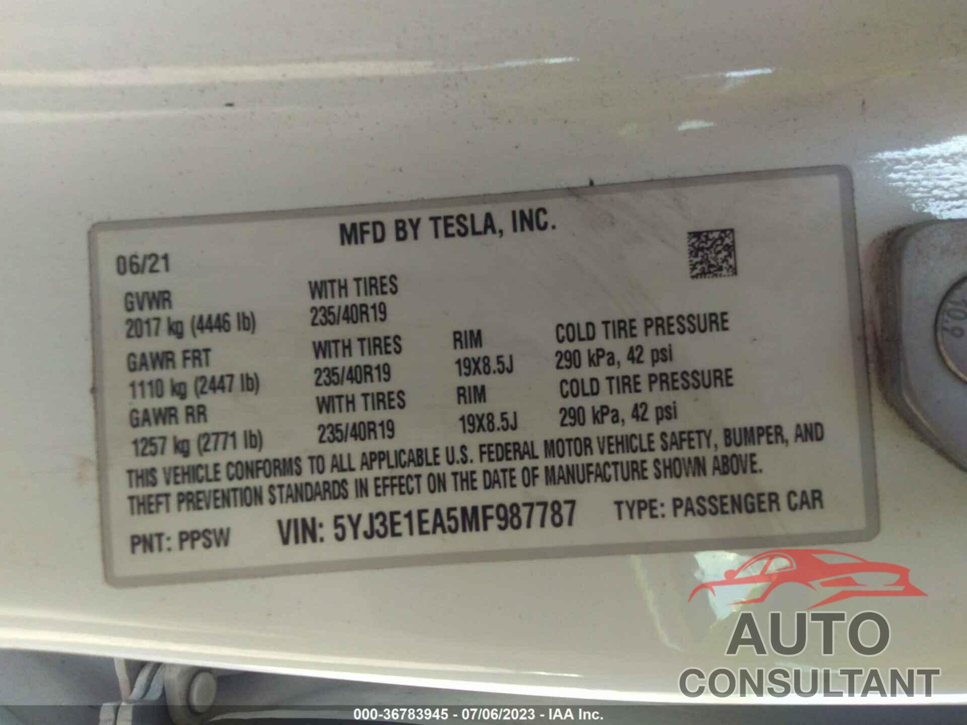 TESLA MODEL 3 2021 - 5YJ3E1EA5MF987787