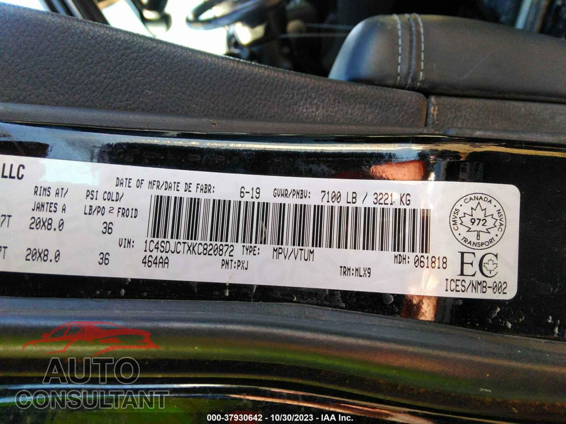 DODGE DURANGO 2019 - 1C4SDJCTXKC820872