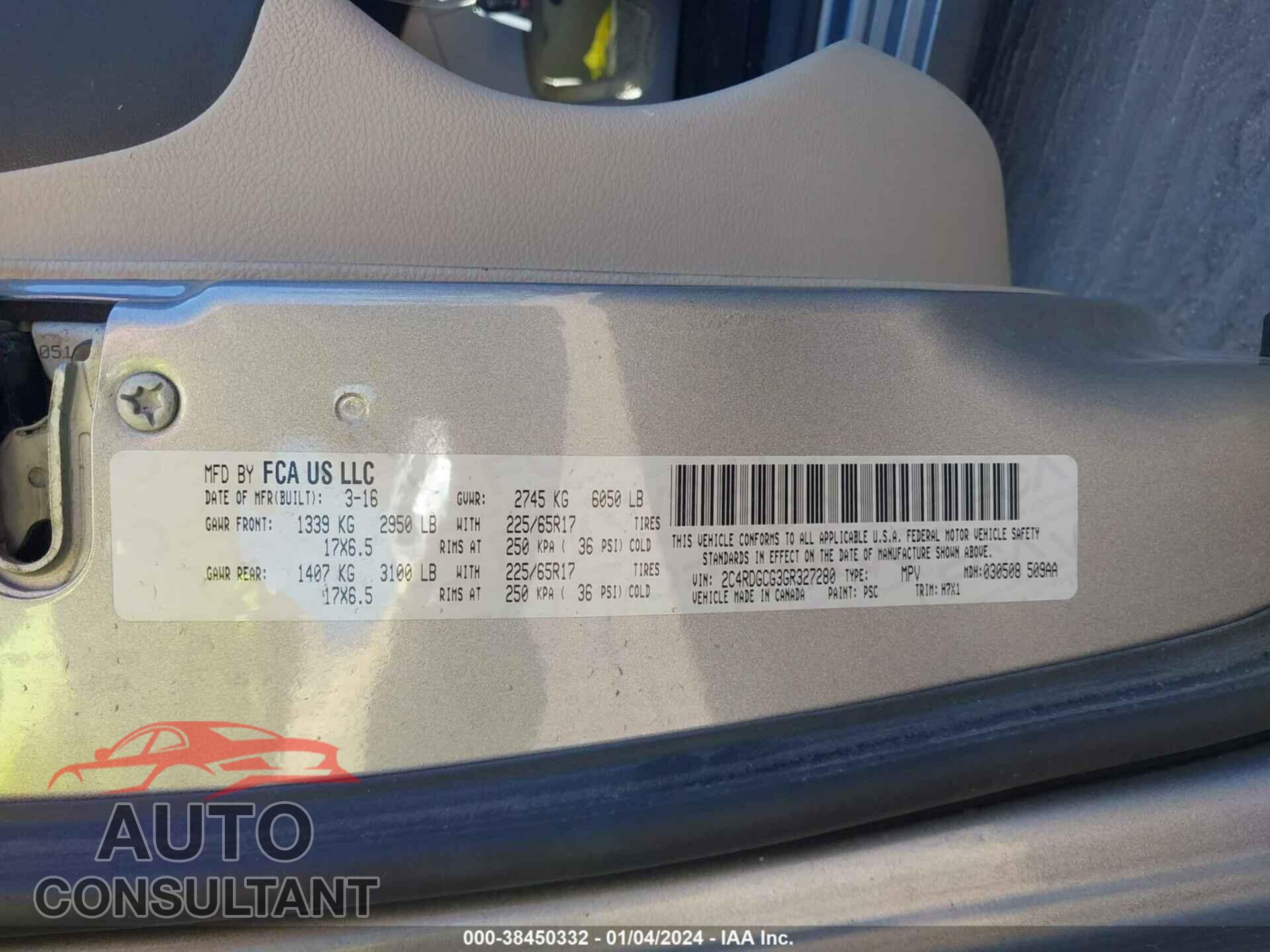 DODGE GRAND CARAVAN 2016 - 2C4RDGCG3GR327280