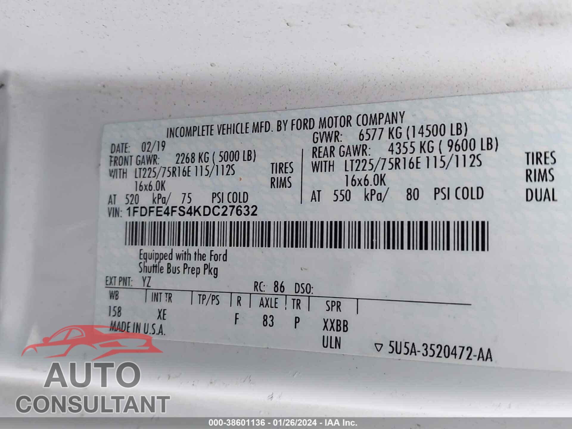 FORD E-450 CUTAWAY 2019 - 1FDFE4FS4KDC27632