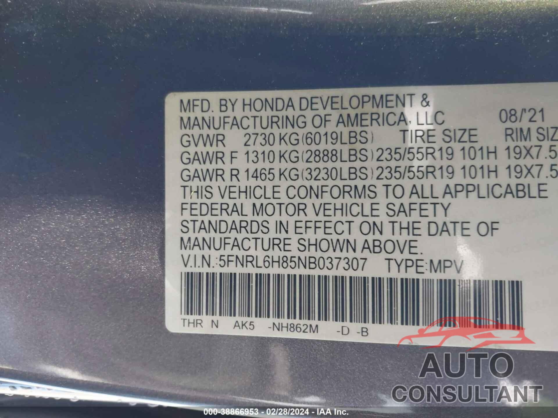 HONDA ODYSSEY 2022 - 5FNRL6H85NB037307