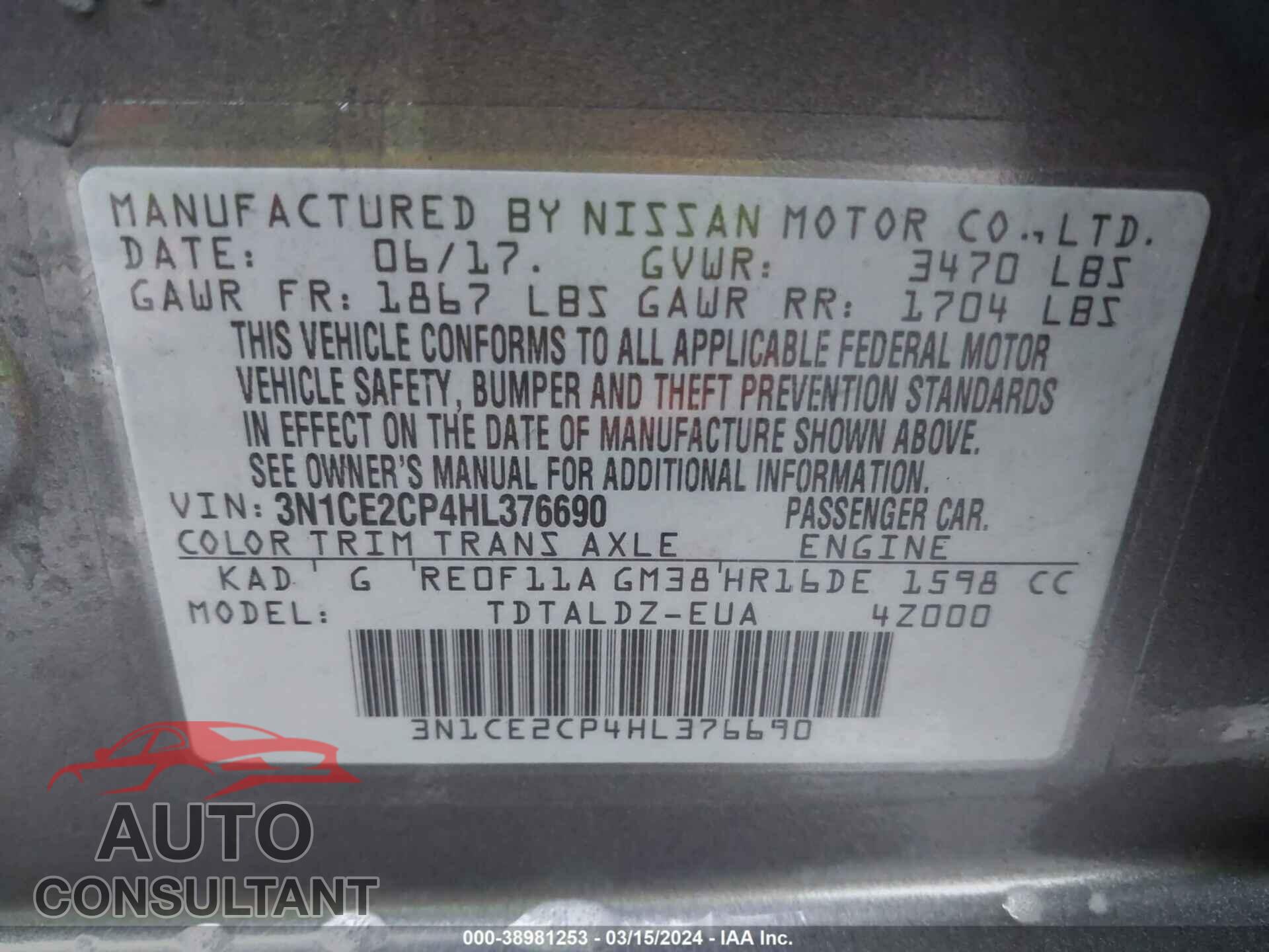 NISSAN VERSA NOTE 2017 - 3N1CE2CP4HL376690
