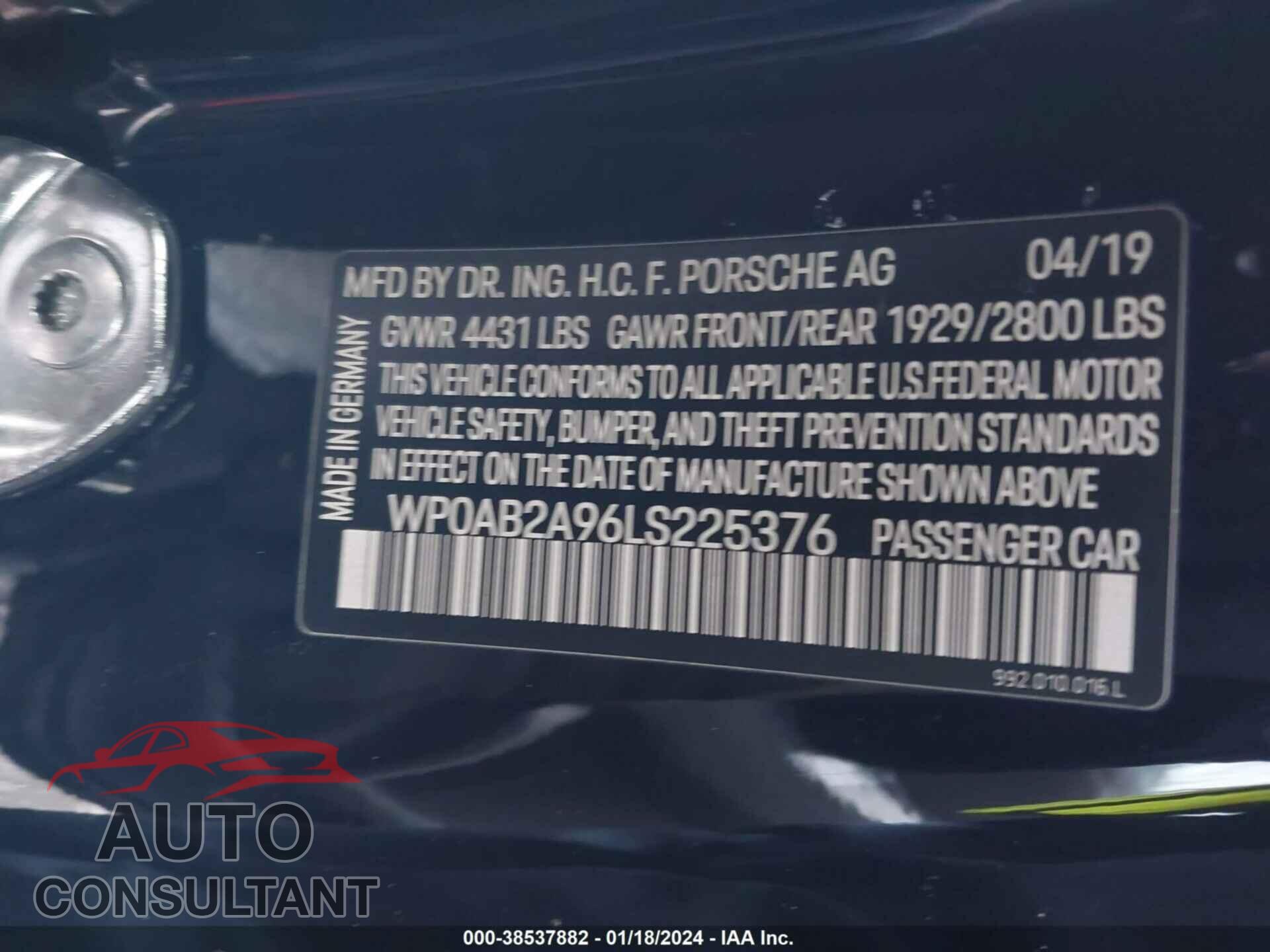 PORSCHE 911 2020 - WP0AB2A96LS225376