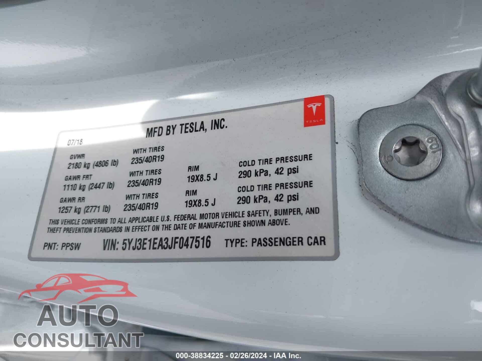 TESLA MODEL 3 2018 - 5YJ3E1EA3JF047516