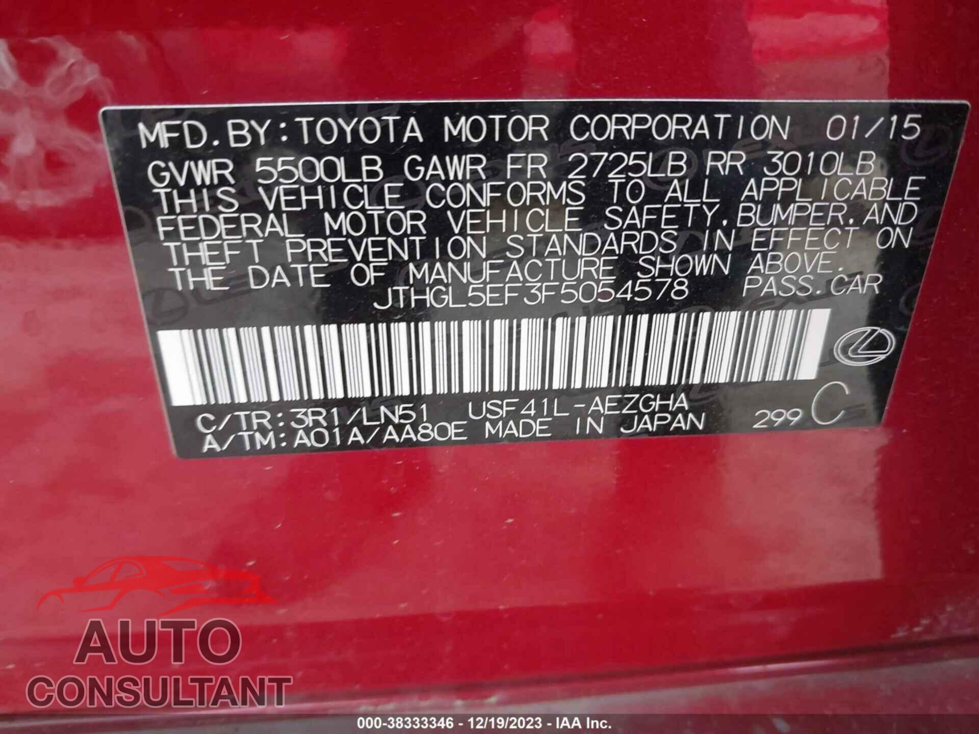 LEXUS LS 460 2015 - JTHGL5EF3F5054578
