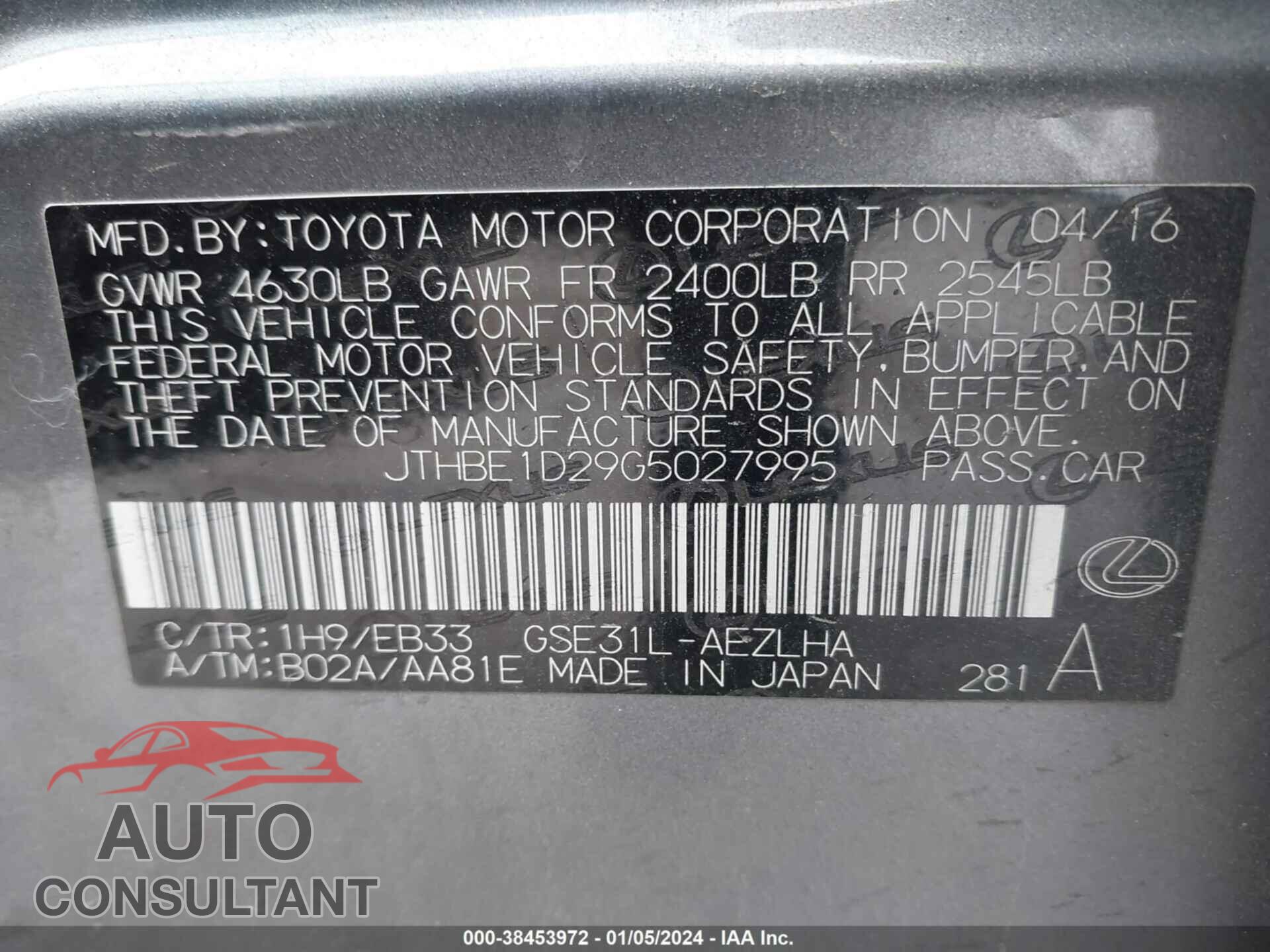 LEXUS IS 2016 - JTHBE1D29G5027995