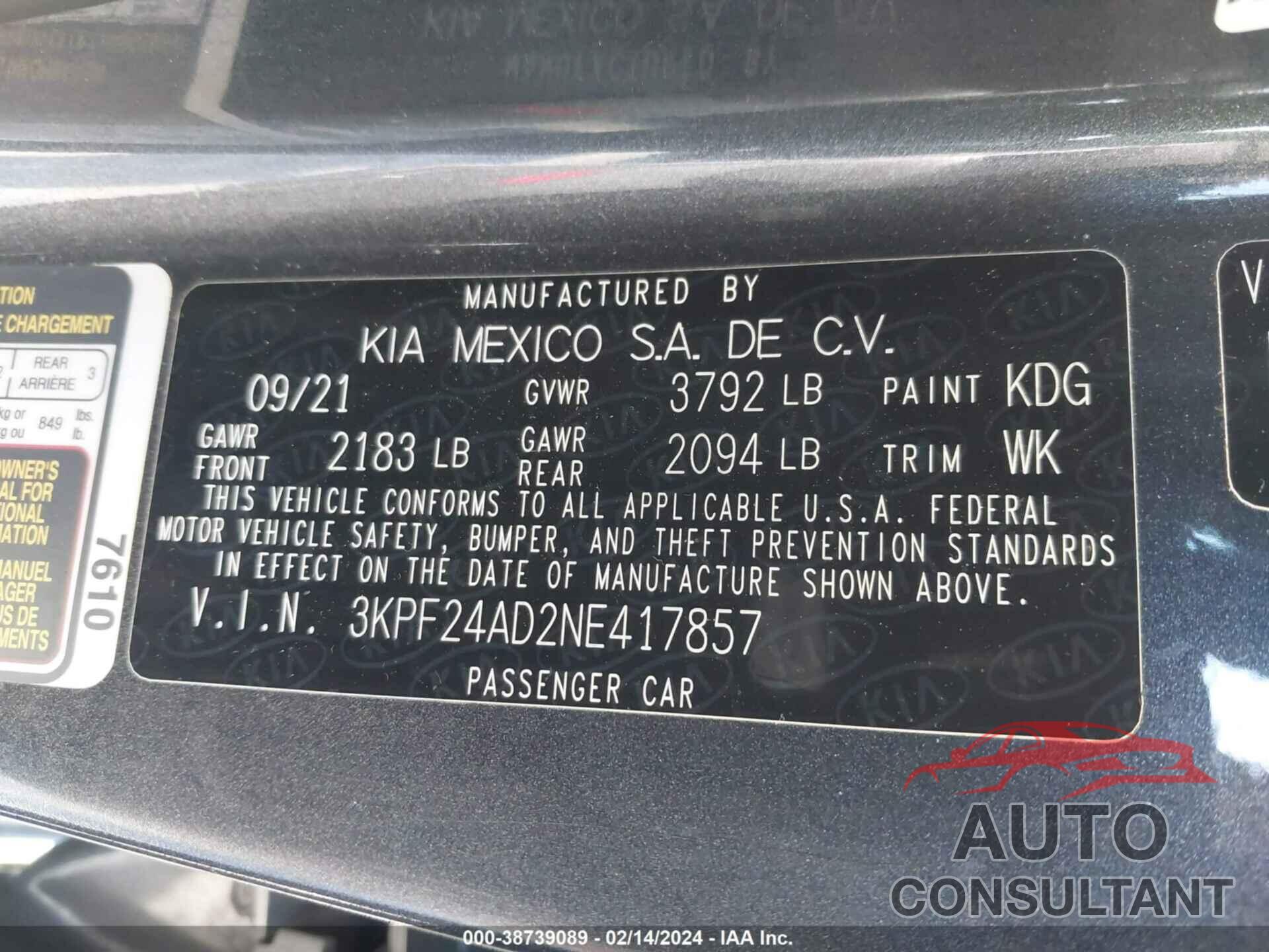 KIA FORTE 2022 - 3KPF24AD2NE417857