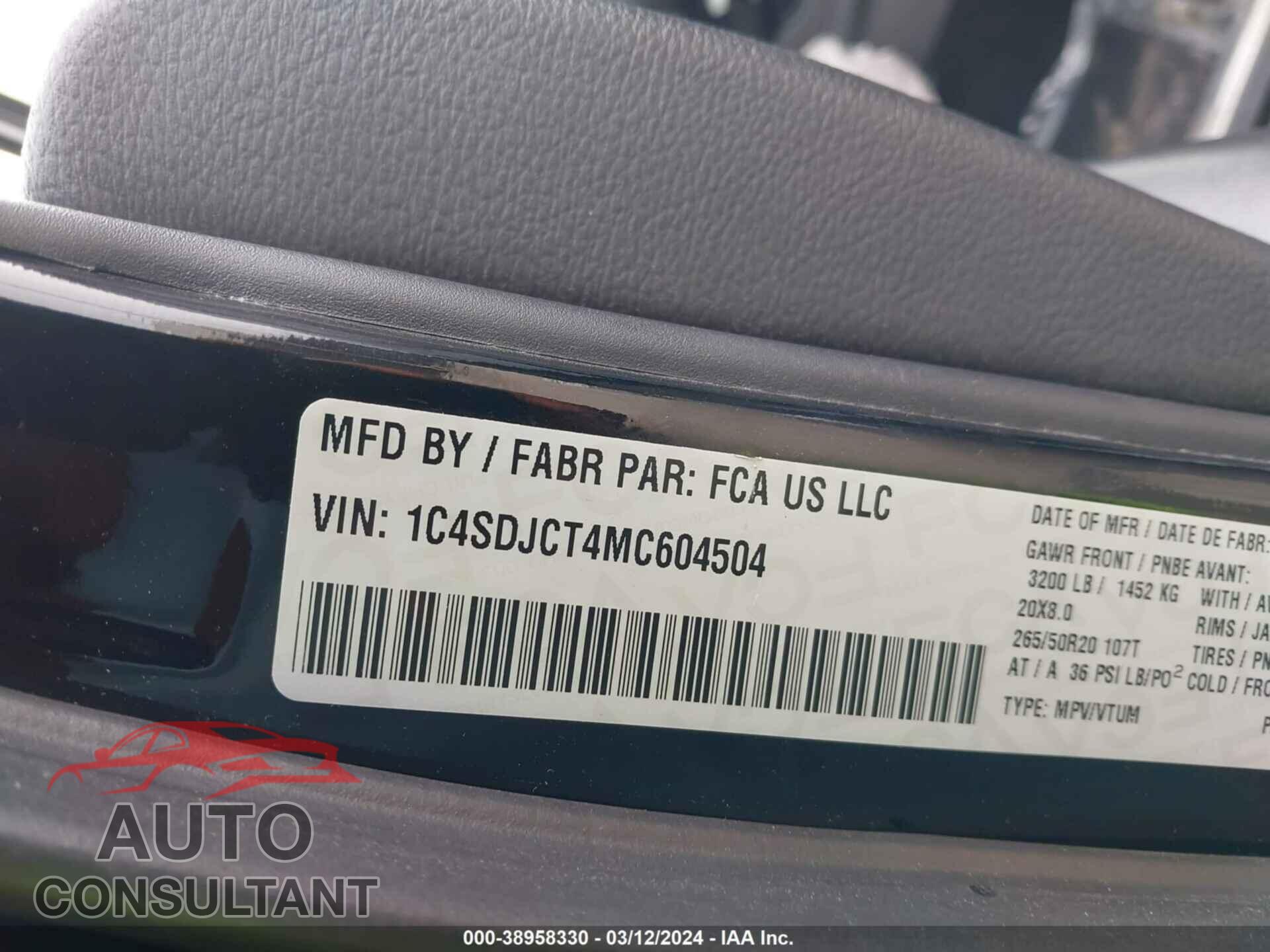 DODGE DURANGO 2021 - 1C4SDJCT4MC604504