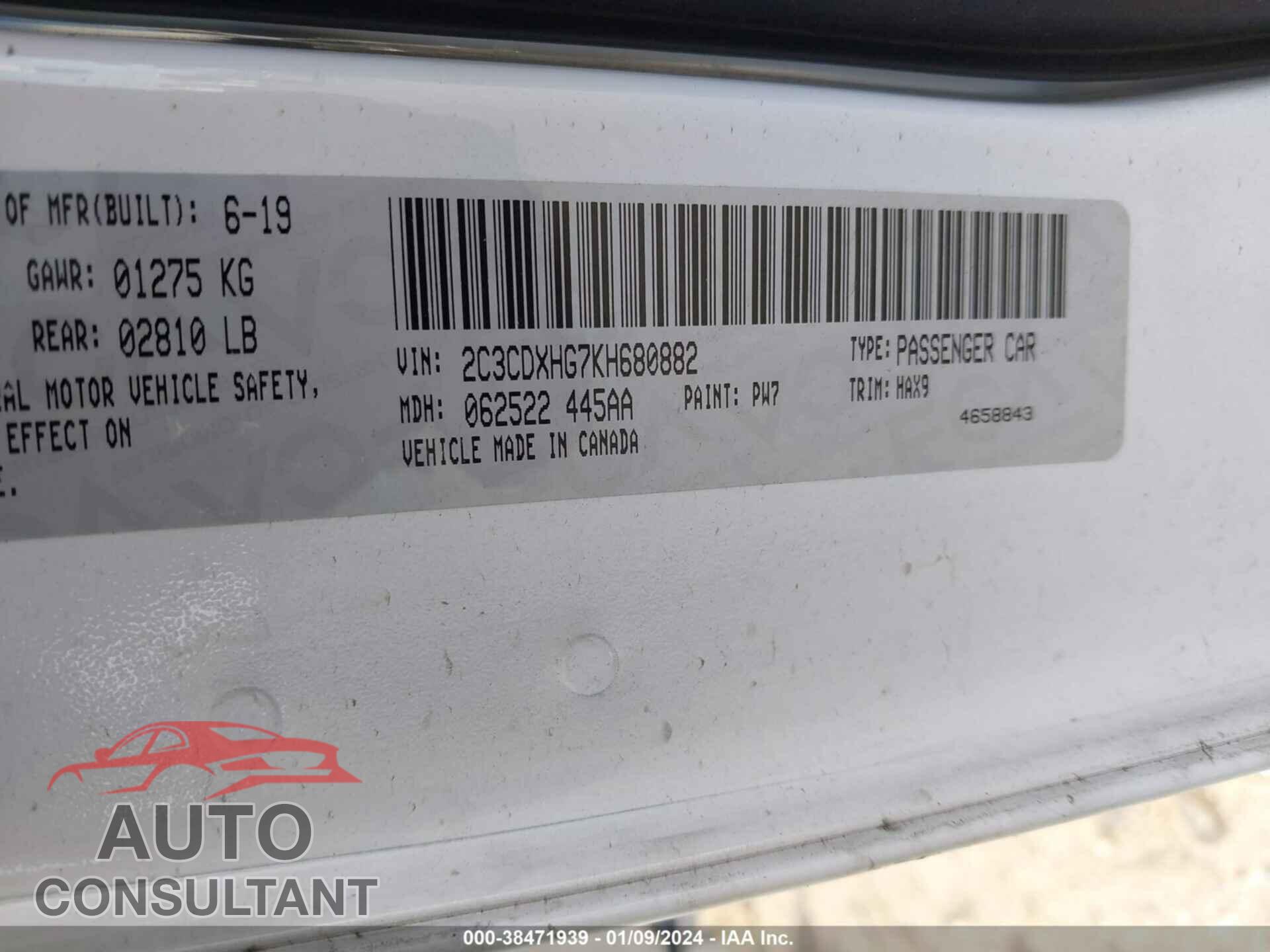 DODGE CHARGER 2019 - 2C3CDXHG7KH680882