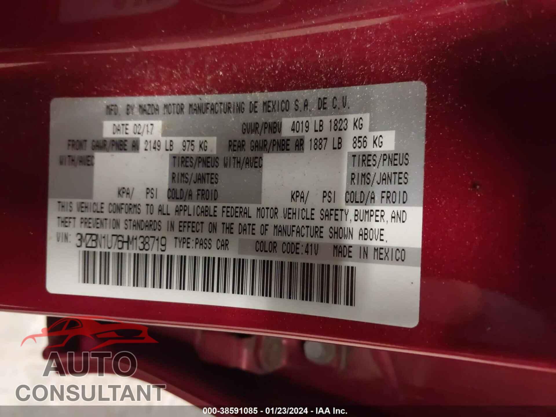 MAZDA MAZDA3 2017 - 3MZBN1U76HM138719