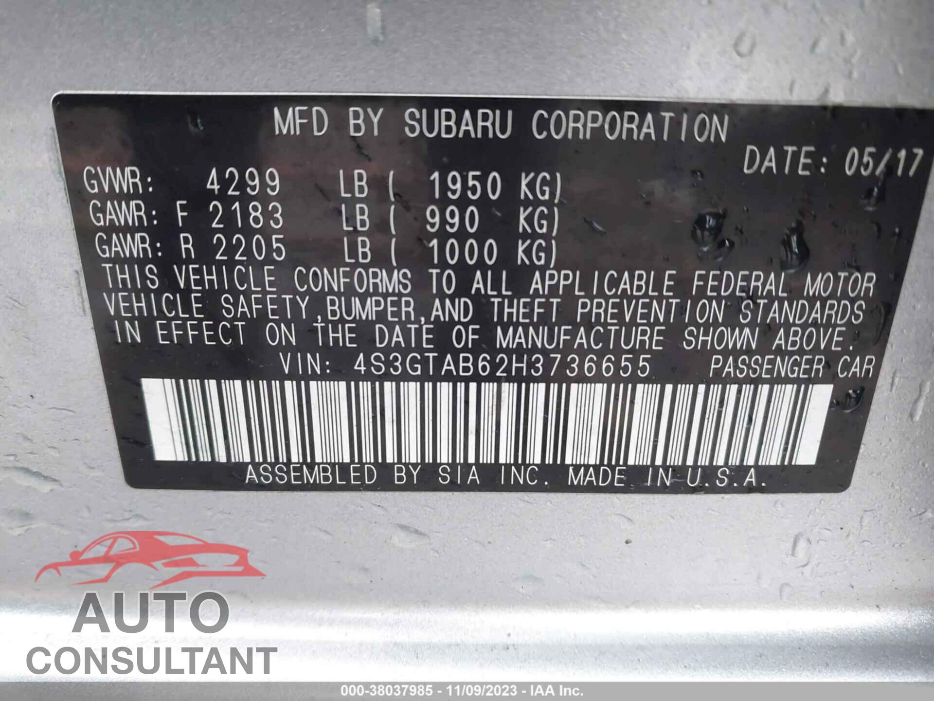 SUBARU IMPREZA 2017 - 4S3GTAB62H3736655