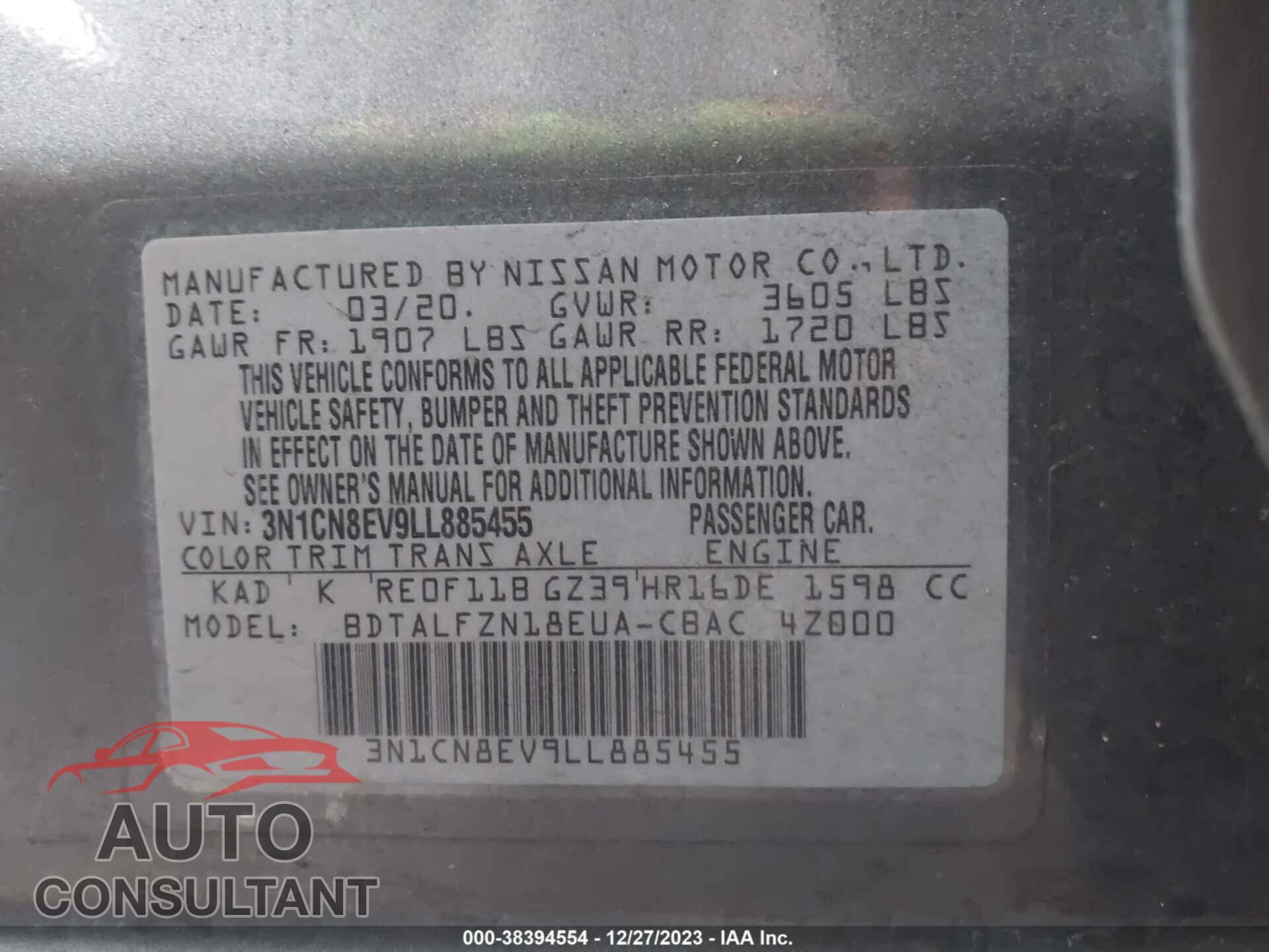 NISSAN VERSA 2020 - 3N1CN8EV9LL885455