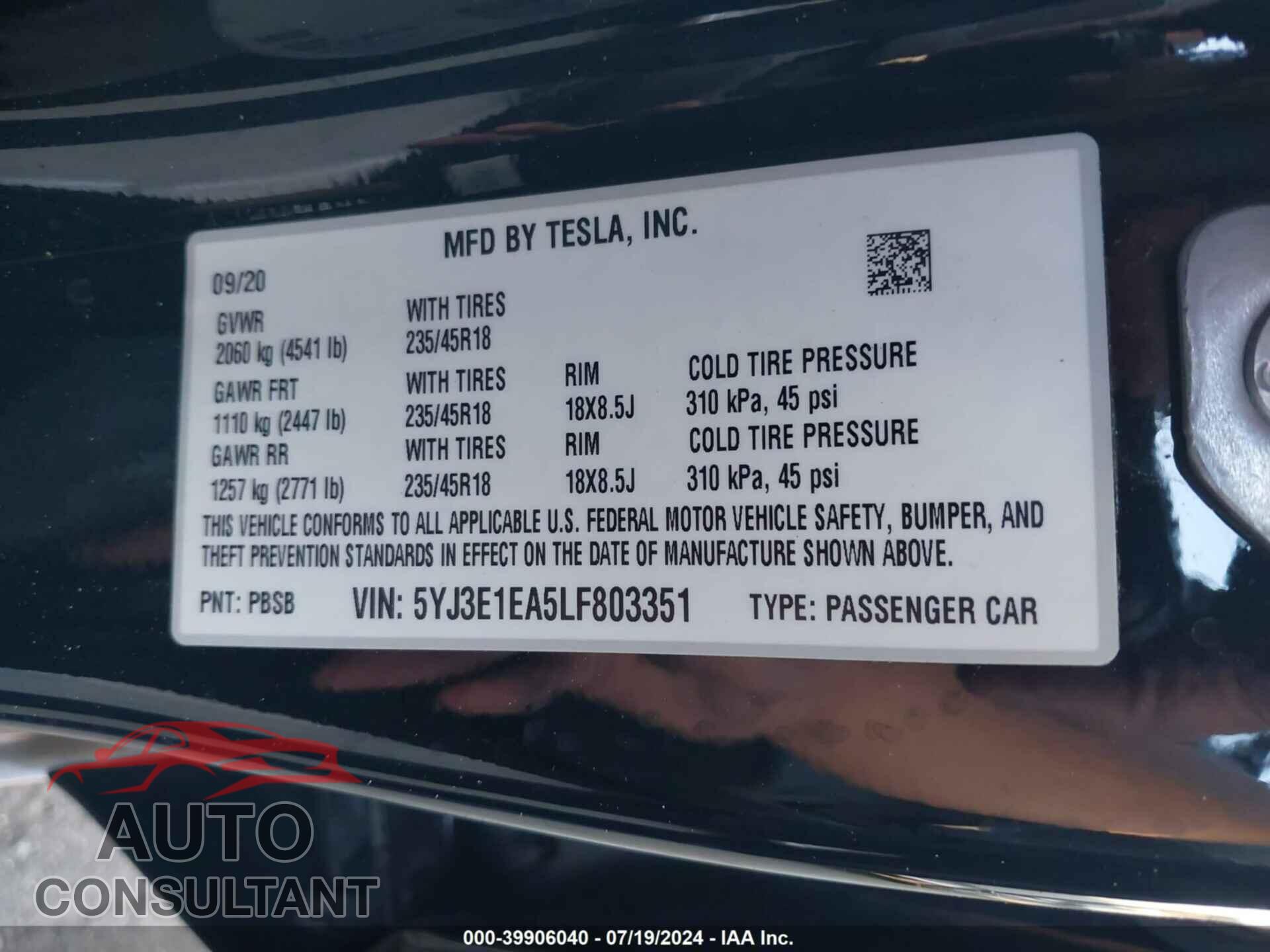 TESLA MODEL 3 2020 - 5YJ3E1EA5LF803351