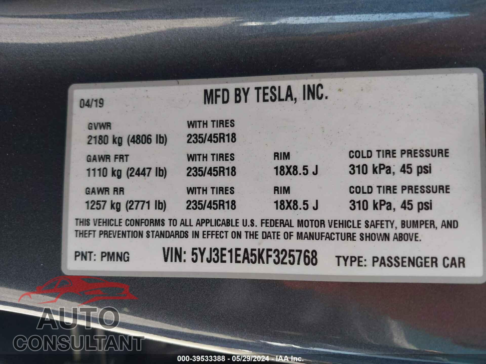 TESLA MODEL 3 2019 - 5YJ3E1EA5KF325768
